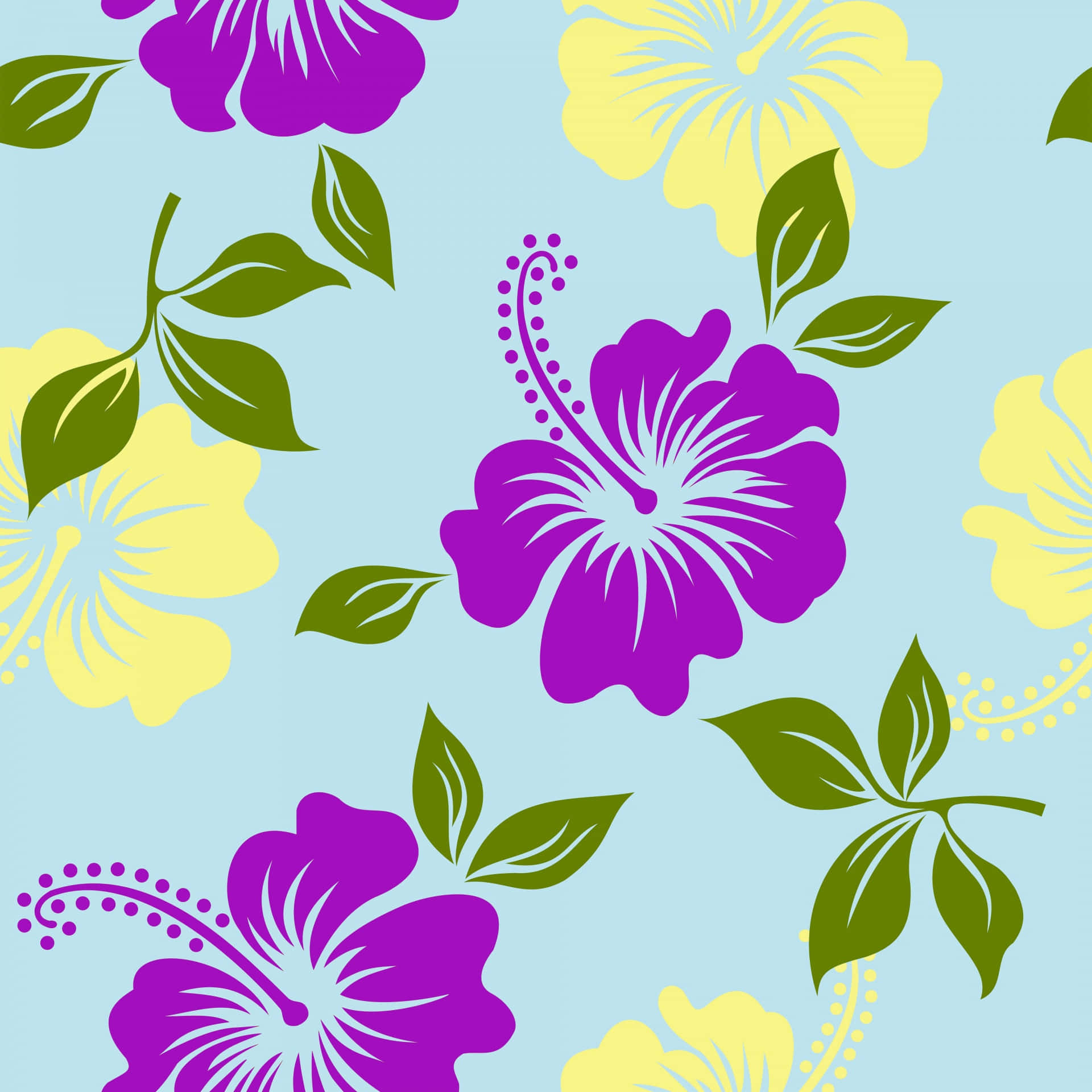 青色GIF 桌布 壁紙 — 充滿活力的紫色和黃色芙蓉花與綠色葉子在柔和的藍色背景上以大膽的圖案重複。
