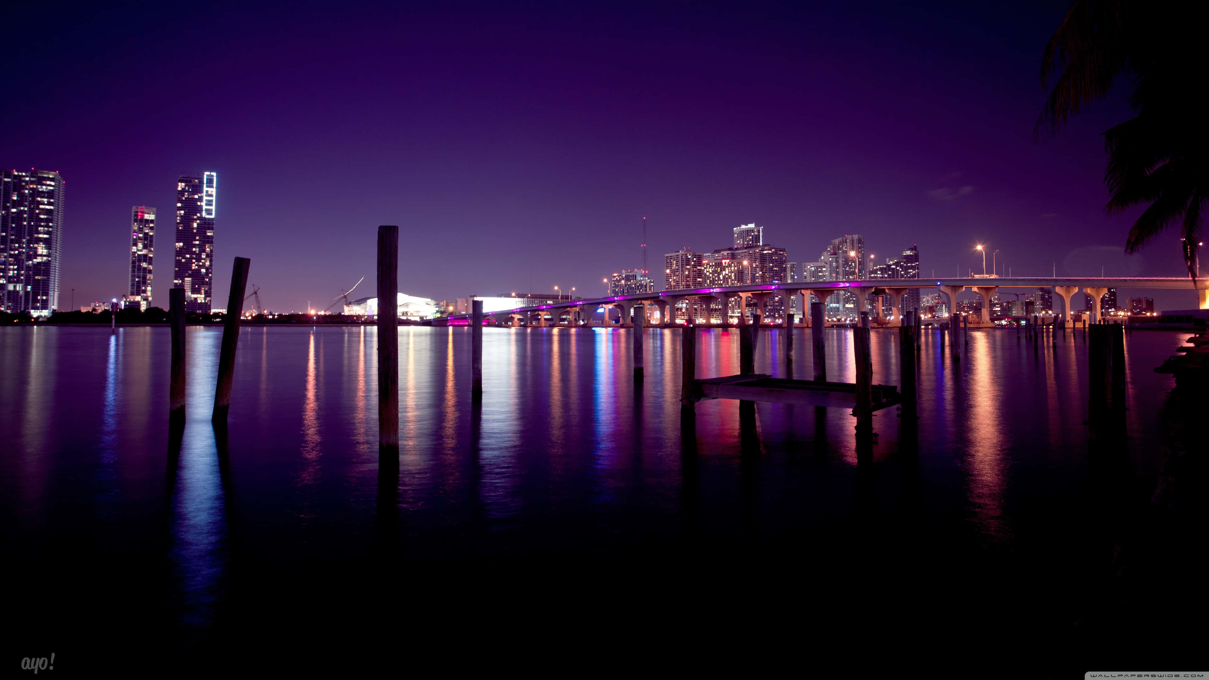 Miami 4K 桌布 壁紙 — 充滿活力的紫色夜空，城市燈光閃爍，倒映在平靜的水面上，由深色木樁框起。