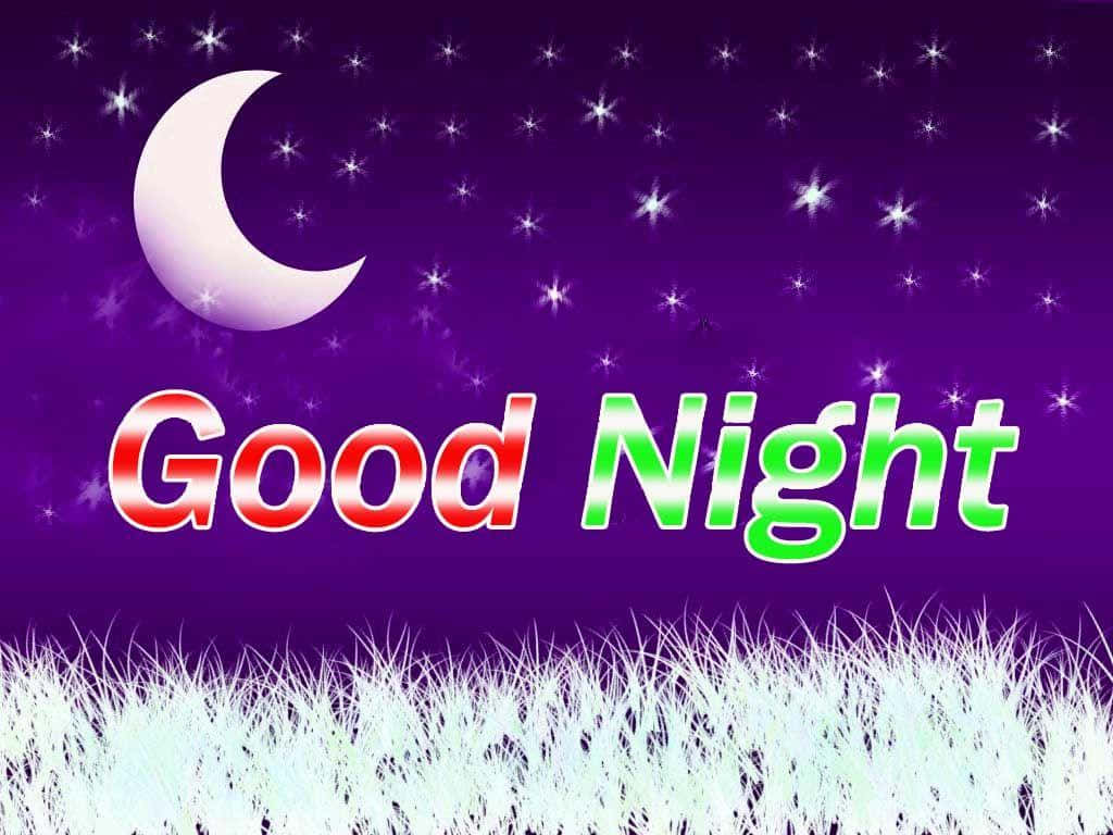 good night animated 桌布 壁紙 — 充滿活力的紫色夜空，閃爍的彎月和閃亮的星星，在白色草地上方發光的「晚安」文字。