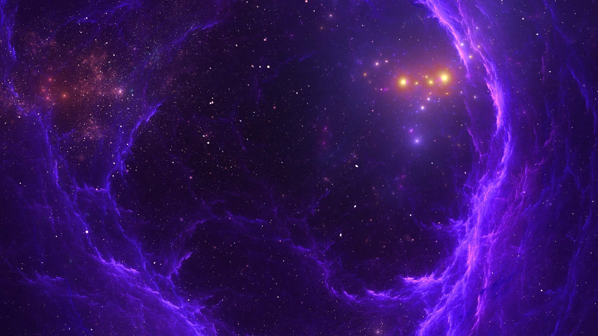 太空 桌布 壁紙 — 充滿活力的紫色宇宙星雲在深空場景中圍繞發光的橙色恆星旋轉。