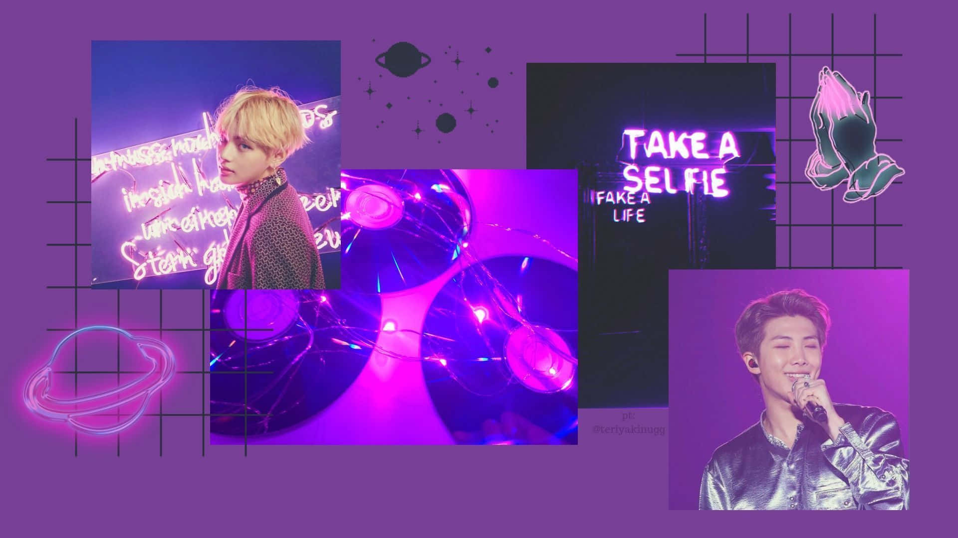 Aesthetic Purple 桌布 壁紙 — 充滿活力的紫色拼貼畫， featuring K-pop 偶像、霓虹燈、太空主題和發光文字，背景為網格。