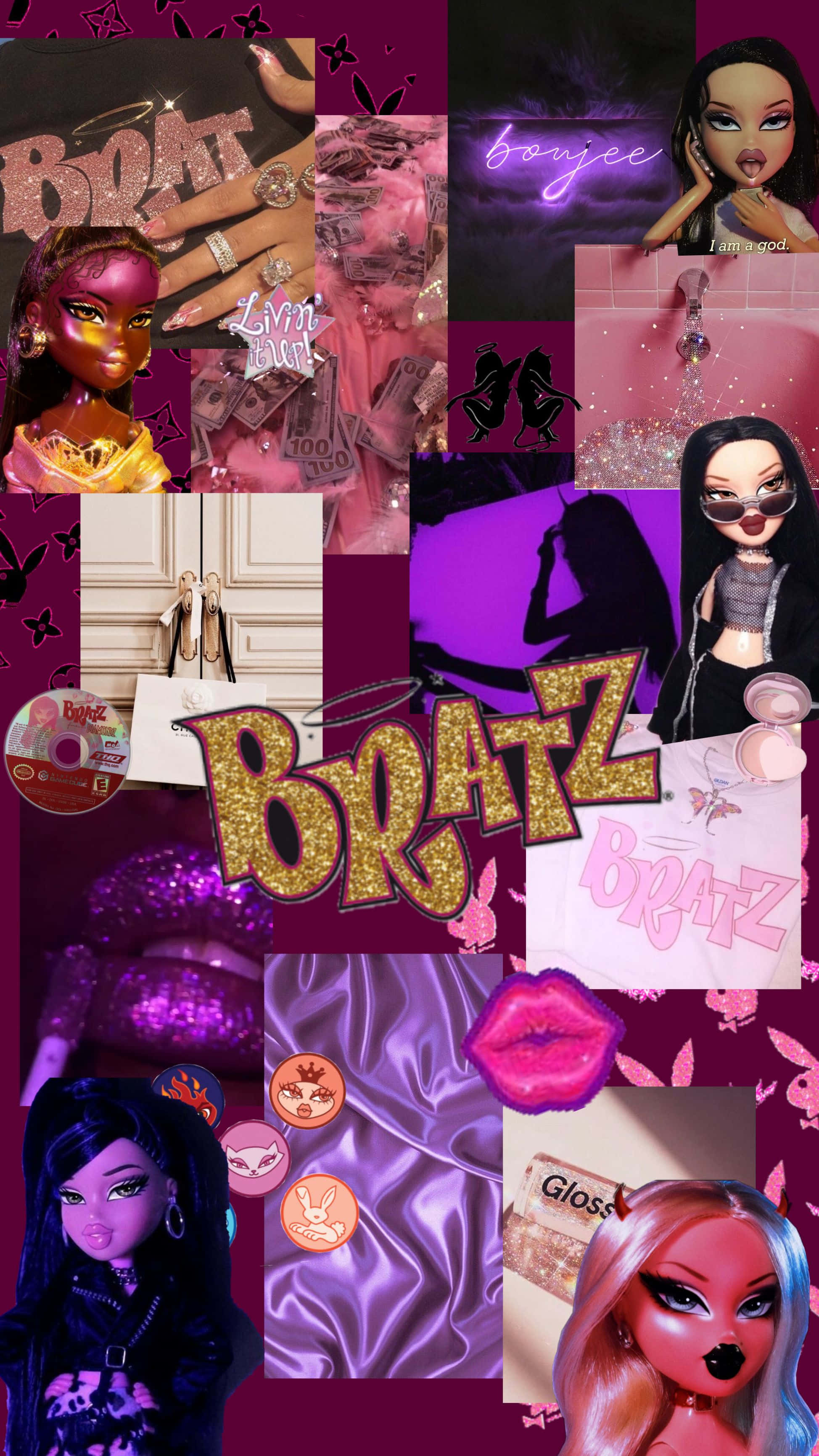 bratz 美學 桌布 壁紙 — 充滿活力的紫色拼貼畫，包含 Bratz 公仔、閃亮文字、金錢和時尚單品，展現年輕流行文化美學。