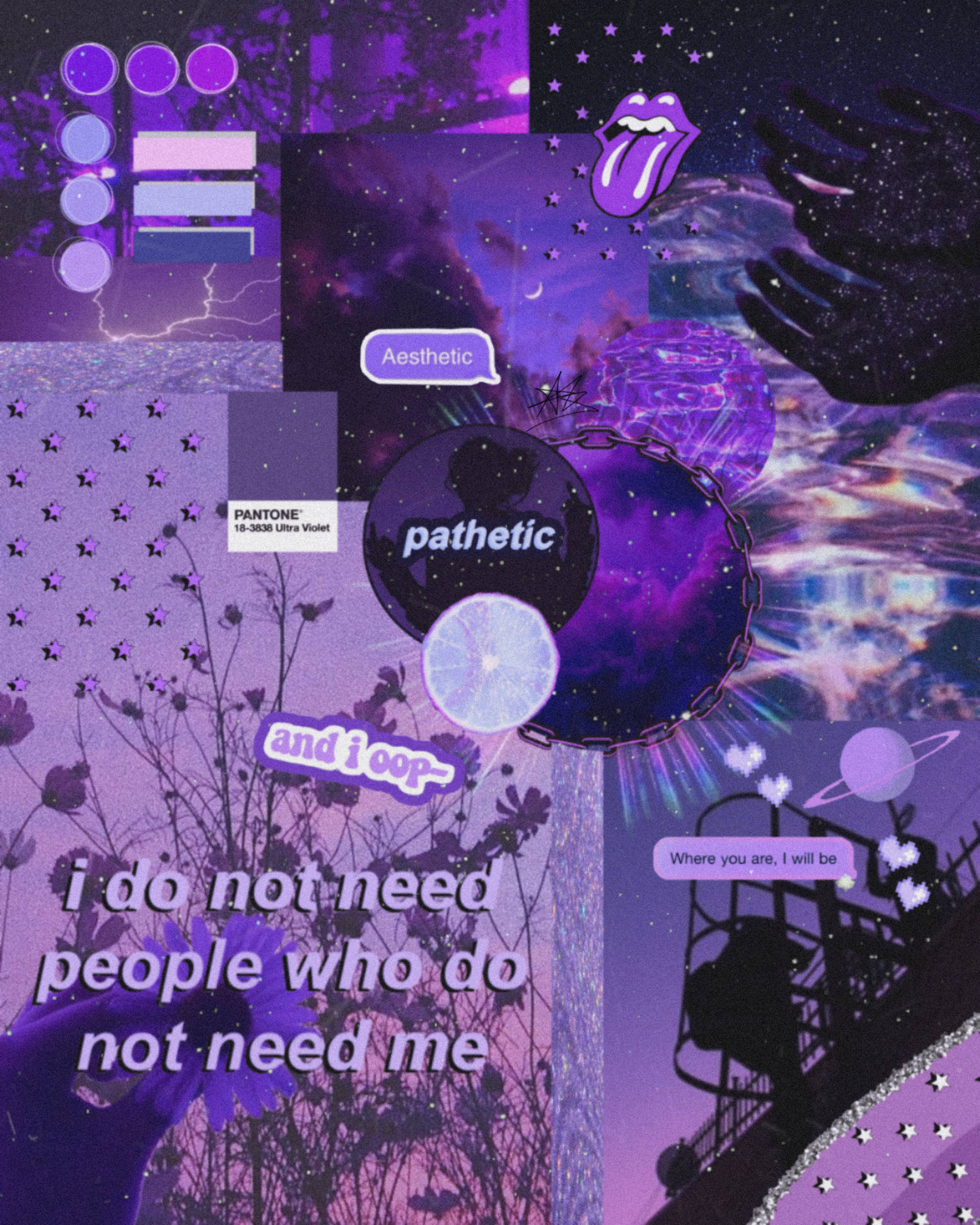 Picsart 桌布 壁紙 — 充滿活力的紫色拼貼畫，包含星星、Pantone色票、滾石樂團嘴唇和文字疊加，背景為宇宙風格。