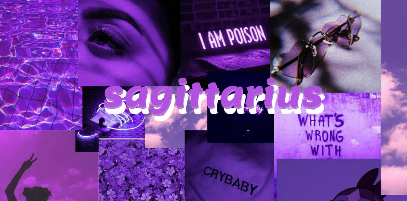 sagittarius 桌布 壁紙 — 充滿活力的紫色拼貼畫，帶有眼睛水波紋文字和太陽眼鏡，營造憂鬱美學。