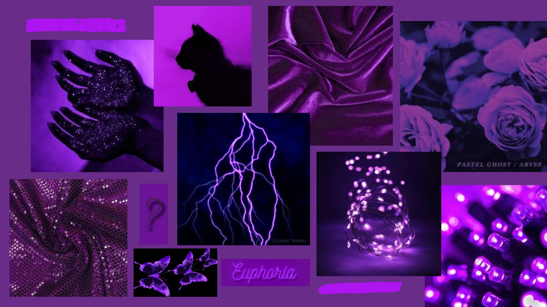Purple Collage 桌布 壁紙 — 充滿活力的紫色拼貼畫，閃爍的雙手、閃電、玫瑰和剪影映襯在夢幻般的發光背景上。