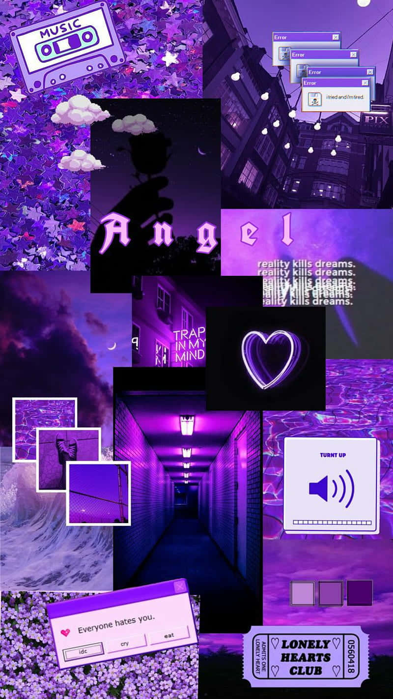 Aesthetic Purple 桌布 壁紙 — 充滿活力的紫色數位拼貼畫，包含卡式錄音帶、霓虹心形、錯誤視窗和文字疊加，呈現陰鬱美學。