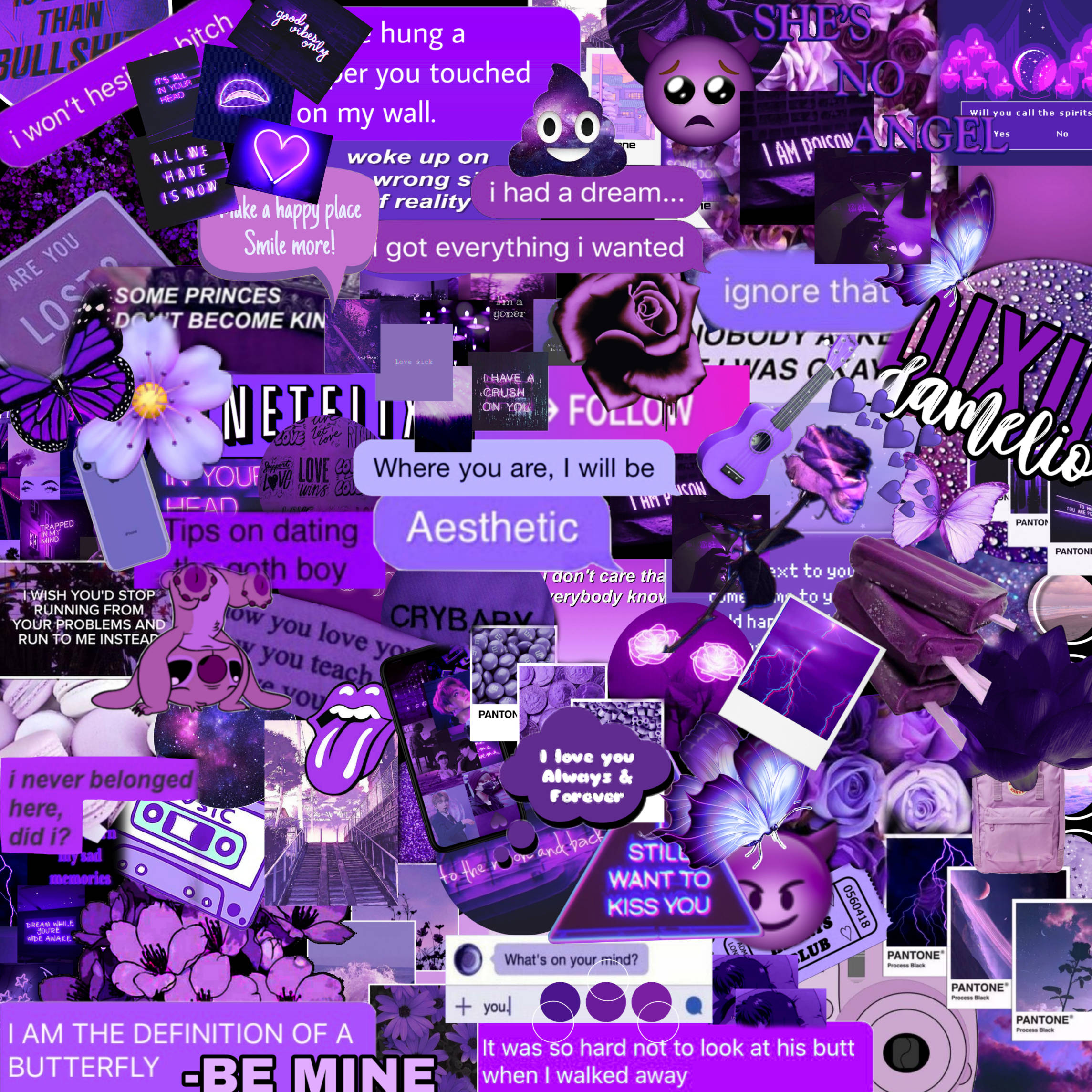 Violet 桌布 壁紙 — 充滿活力的紫色數位拼貼畫，包含文字引言、蝴蝶、玫瑰和流行文化圖標，呈現混亂美學。