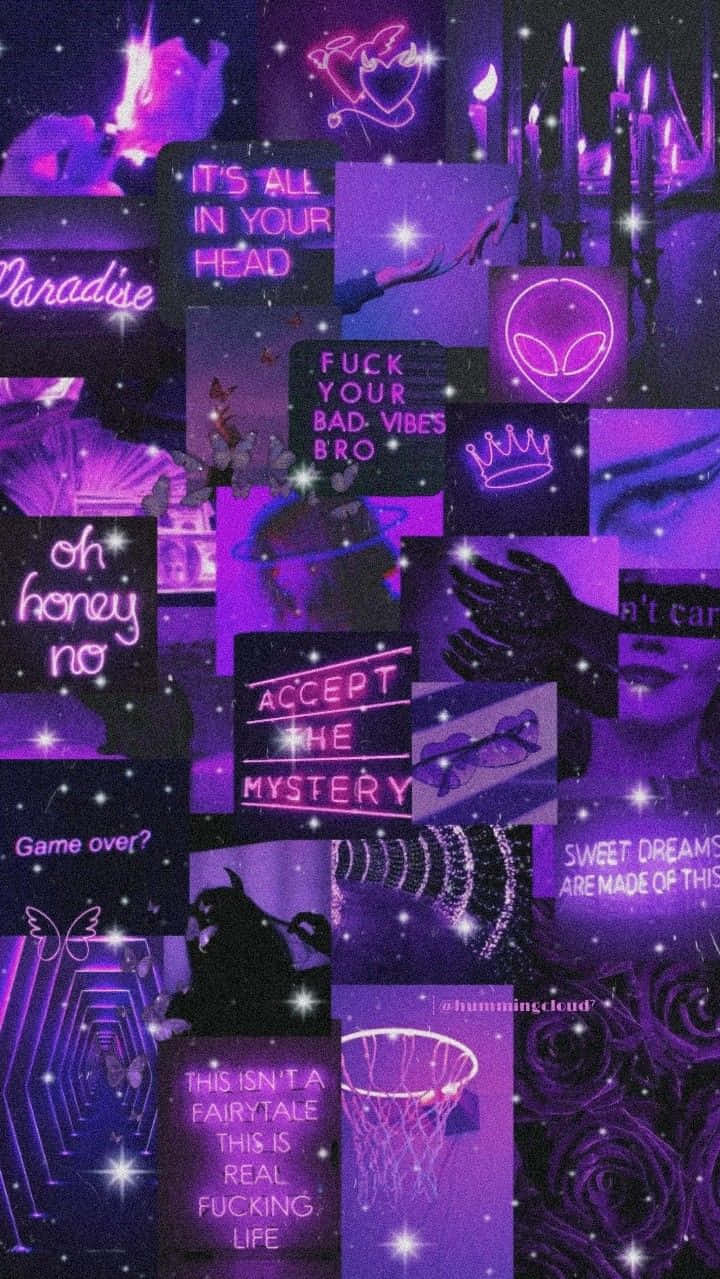 Aesthetic Purple 桌布 壁紙 — 充滿活力的紫色數位拼貼畫，包含霓虹文字引言、宇宙符號和閃爍星星，營造夢幻超現實美學。