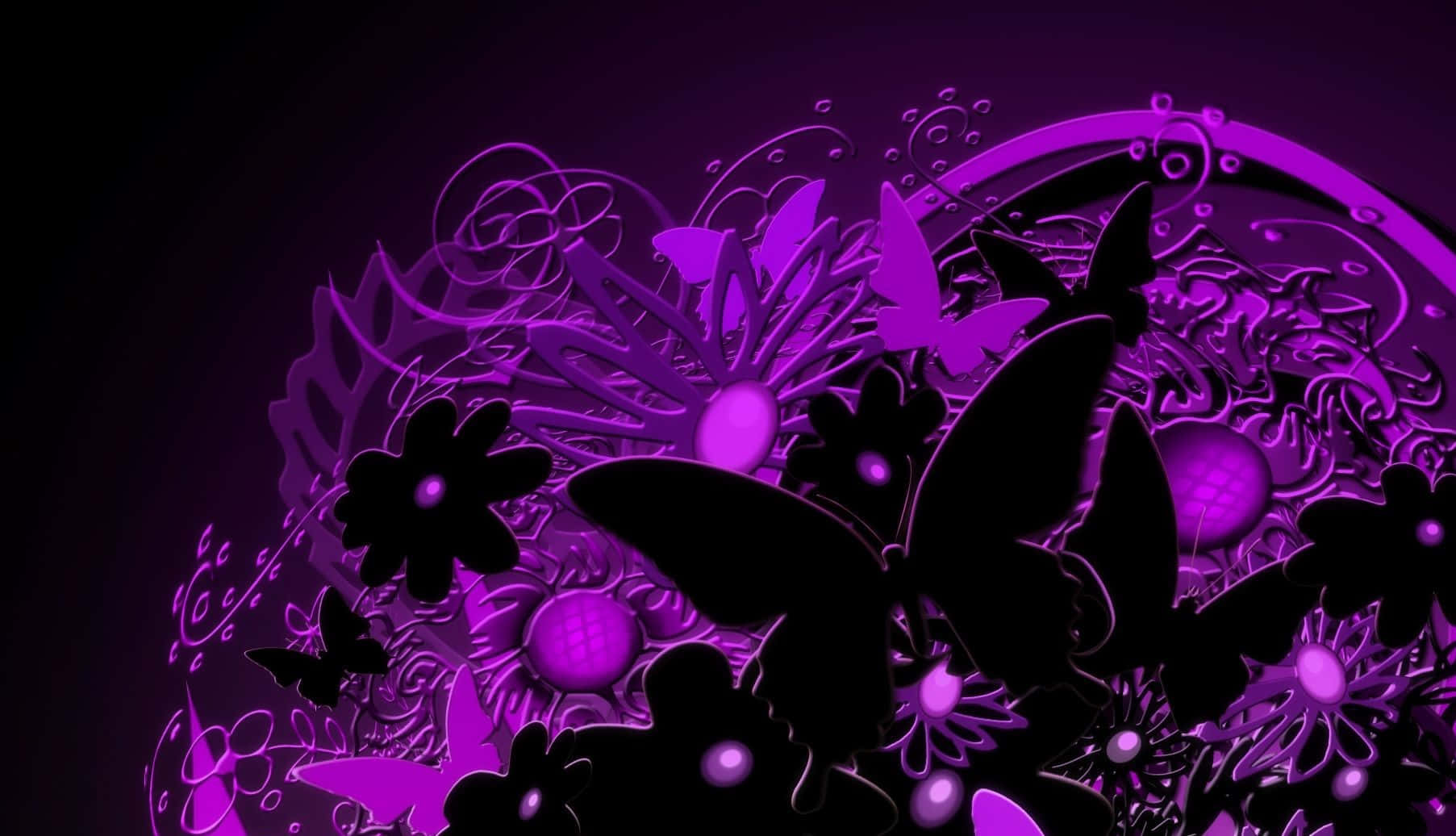 Dark Butterfly 桌布 壁紙 — 充滿活力的紫色數位藝術作品，以剪影蝴蝶和花朵為特色，背景為深色漸變。