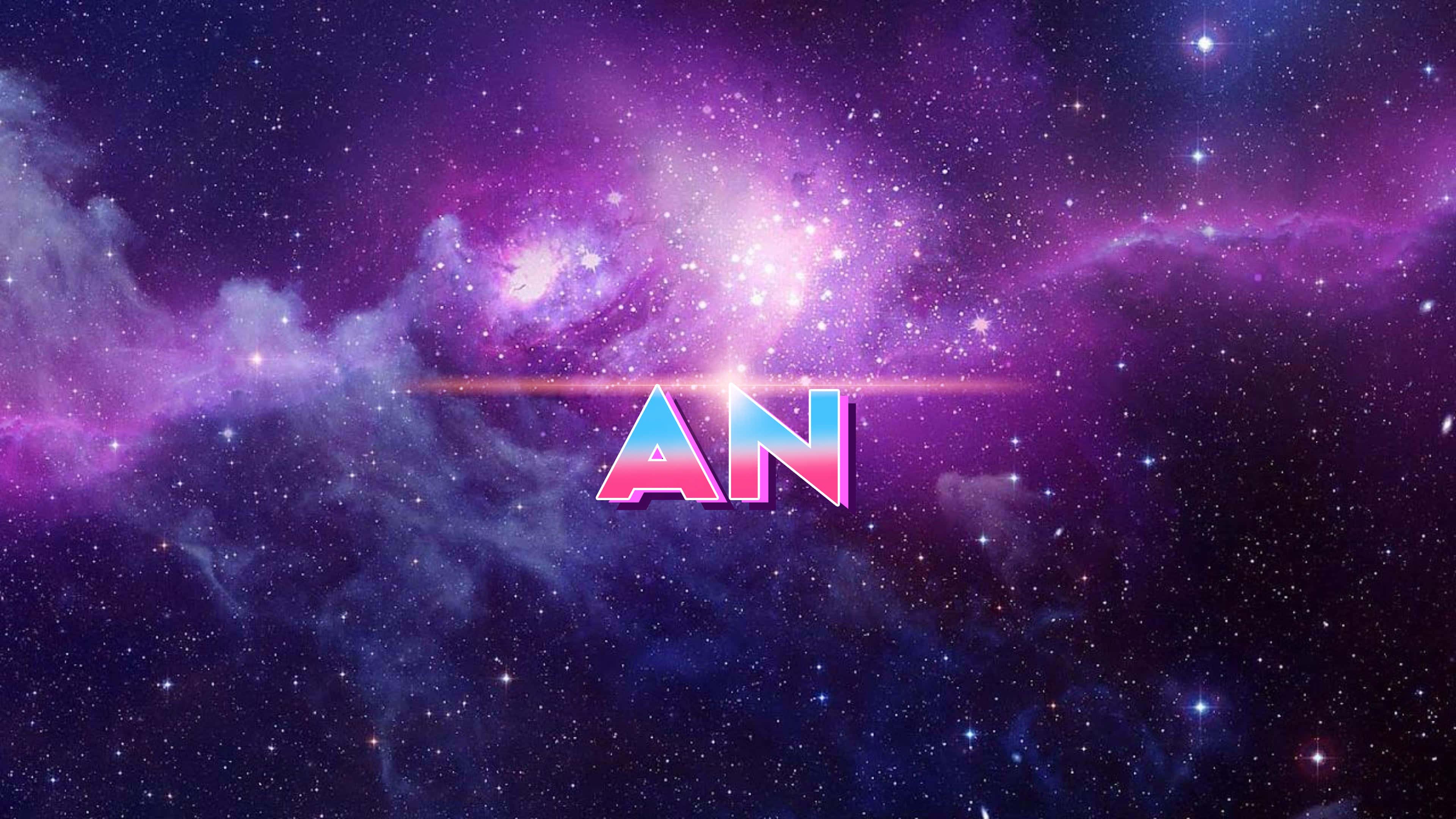 字母A動圖 桌布 壁紙 — 充滿活力的紫色星雲和星星在發光的漸變字母 AN 背後閃耀，帶有鏡頭光暈。