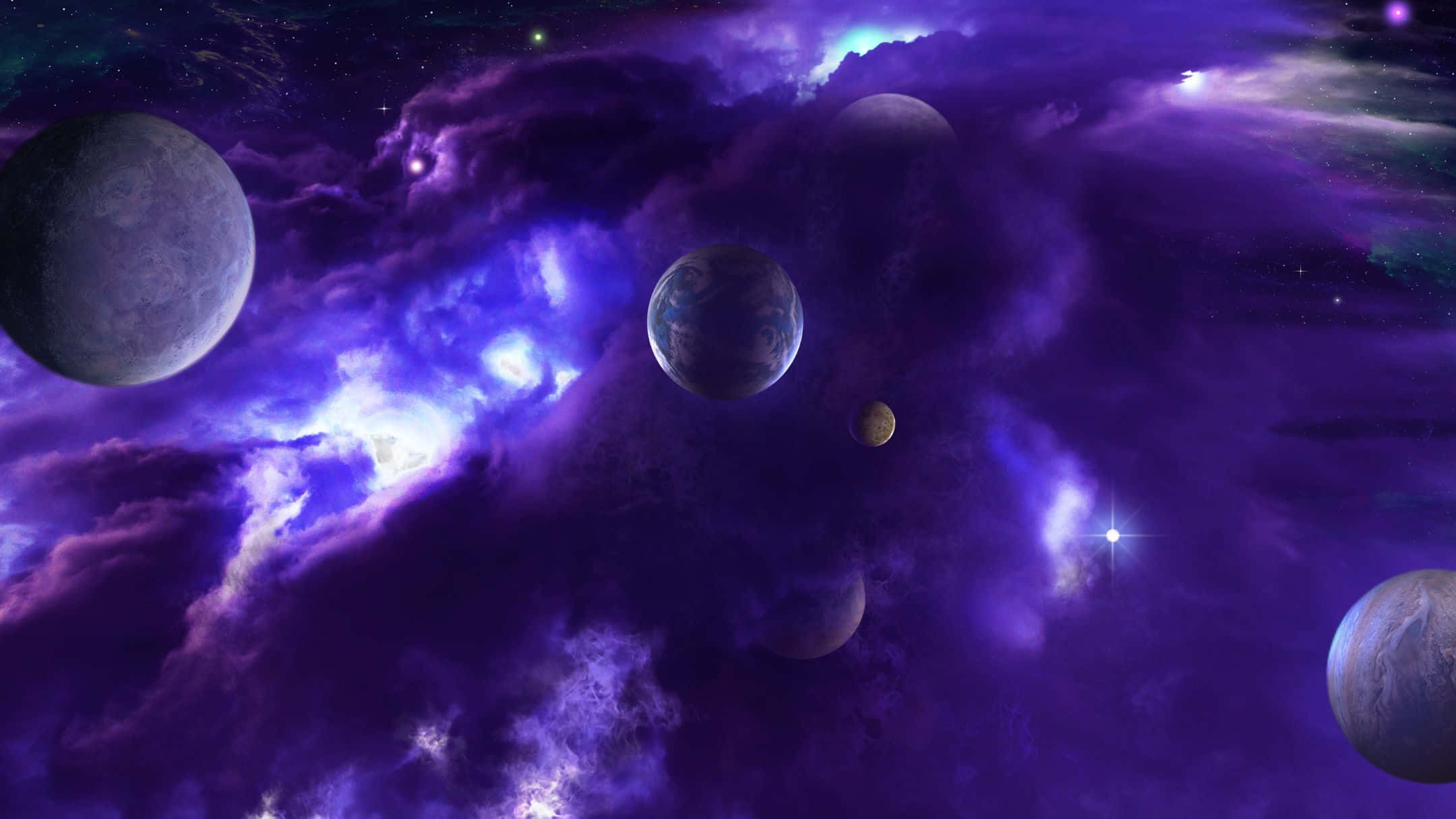 2160x1215 桌布 壁紙 — 充滿活力的紫色星雲圍繞著漂浮的行星和發光的恆星旋轉，構成一個宇宙仙境。