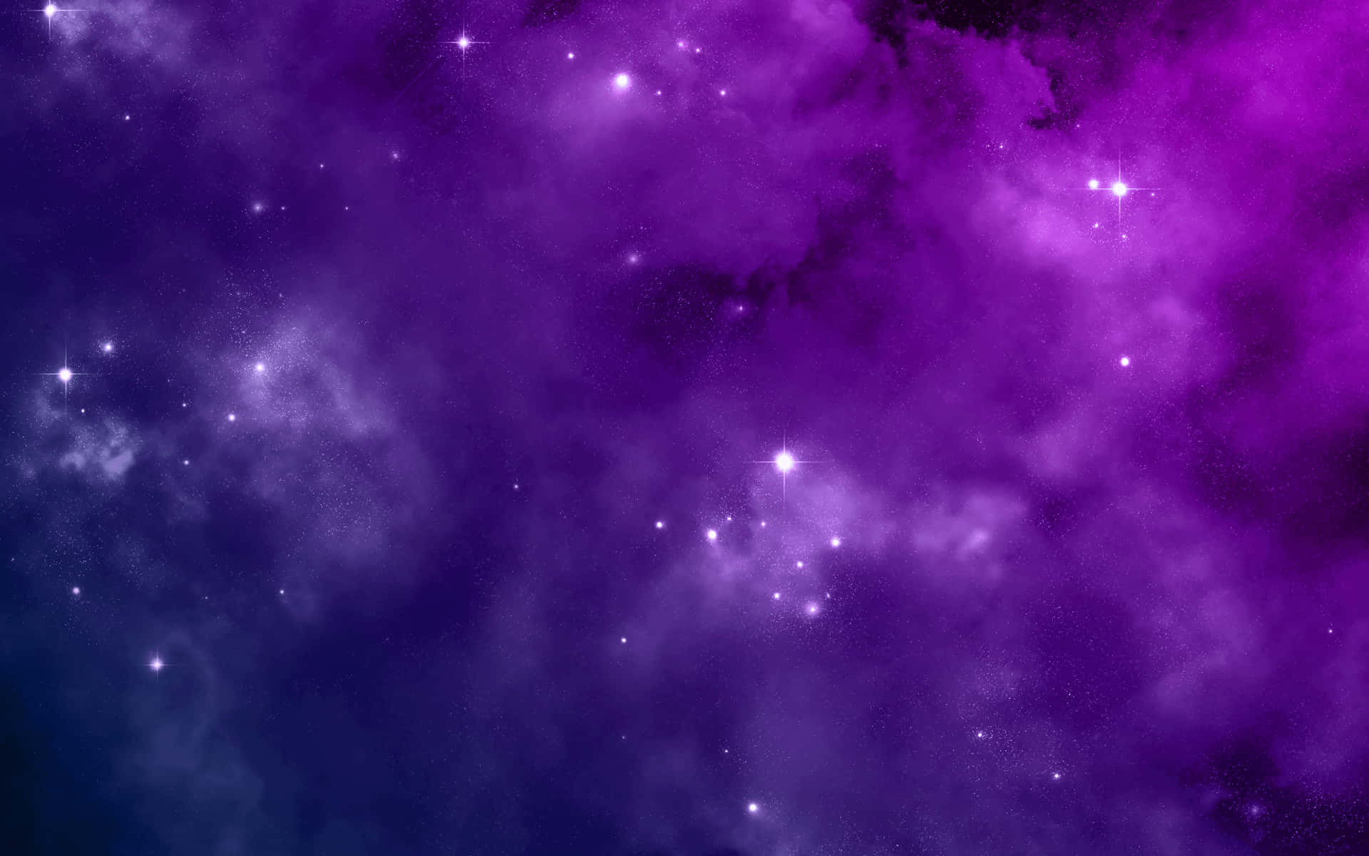 Purple Space 桌布 壁紙 — 充滿活力的紫色星雲雲團在宇宙夜空中與發光的星星一起旋轉。