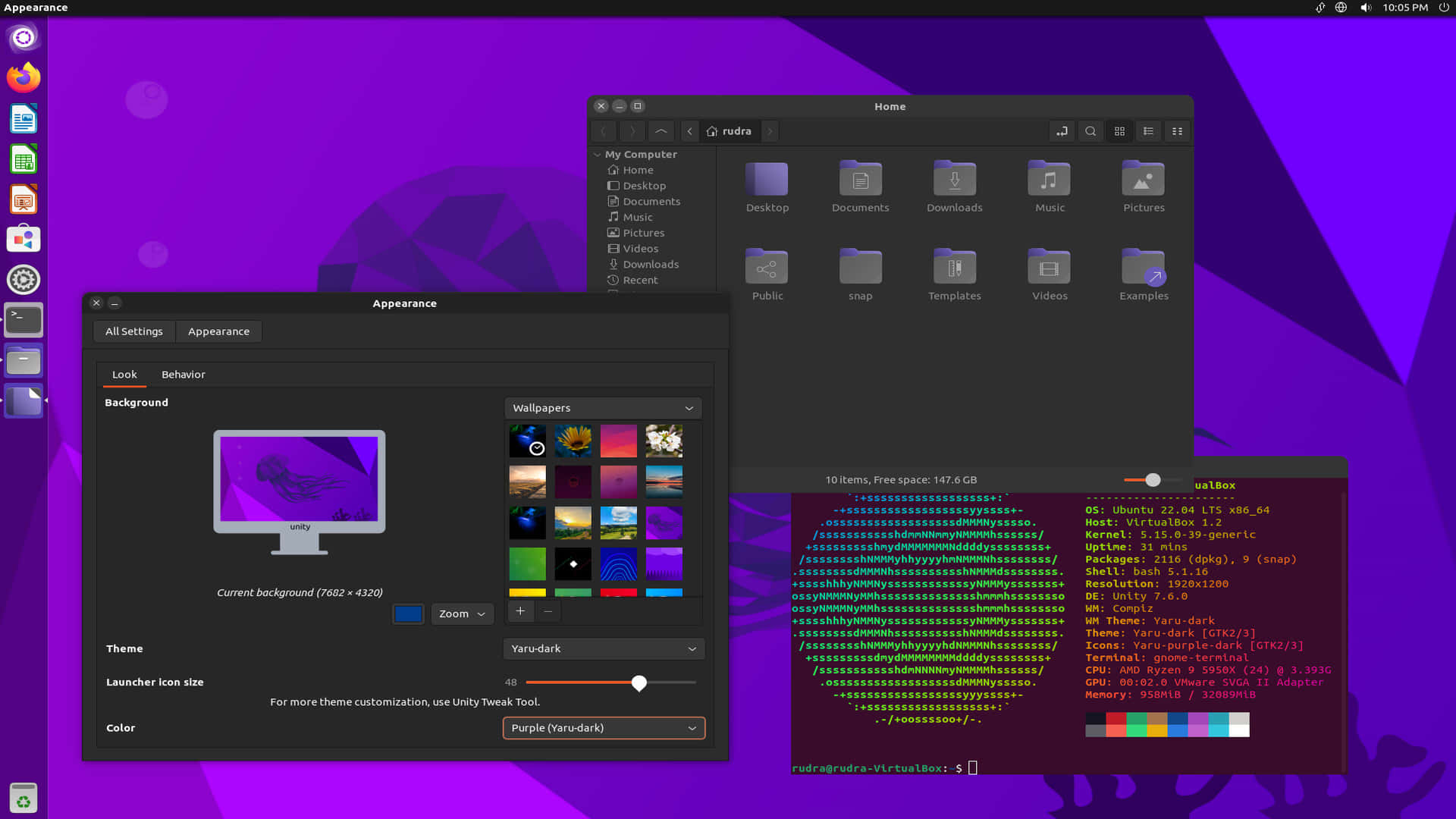 ubuntu 桌布 壁紙 — 充滿活力的紫色桌面背景，帶有幾何圖案和打開的 Linux 系統設定視窗。