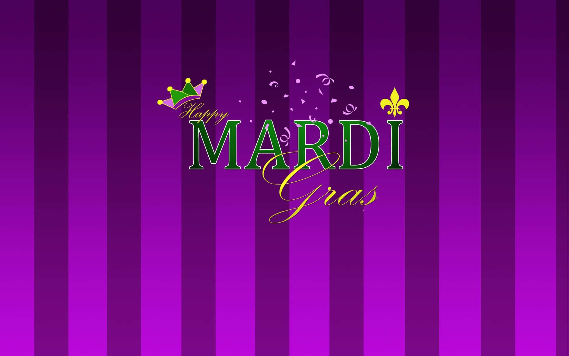 Mardi Gras 桌布 壁紙 — 充滿活力的紫色條紋背景，飾有節日氣氛的綠色和金色狂歡節文字，並點綴皇冠和鳶尾花圖案。