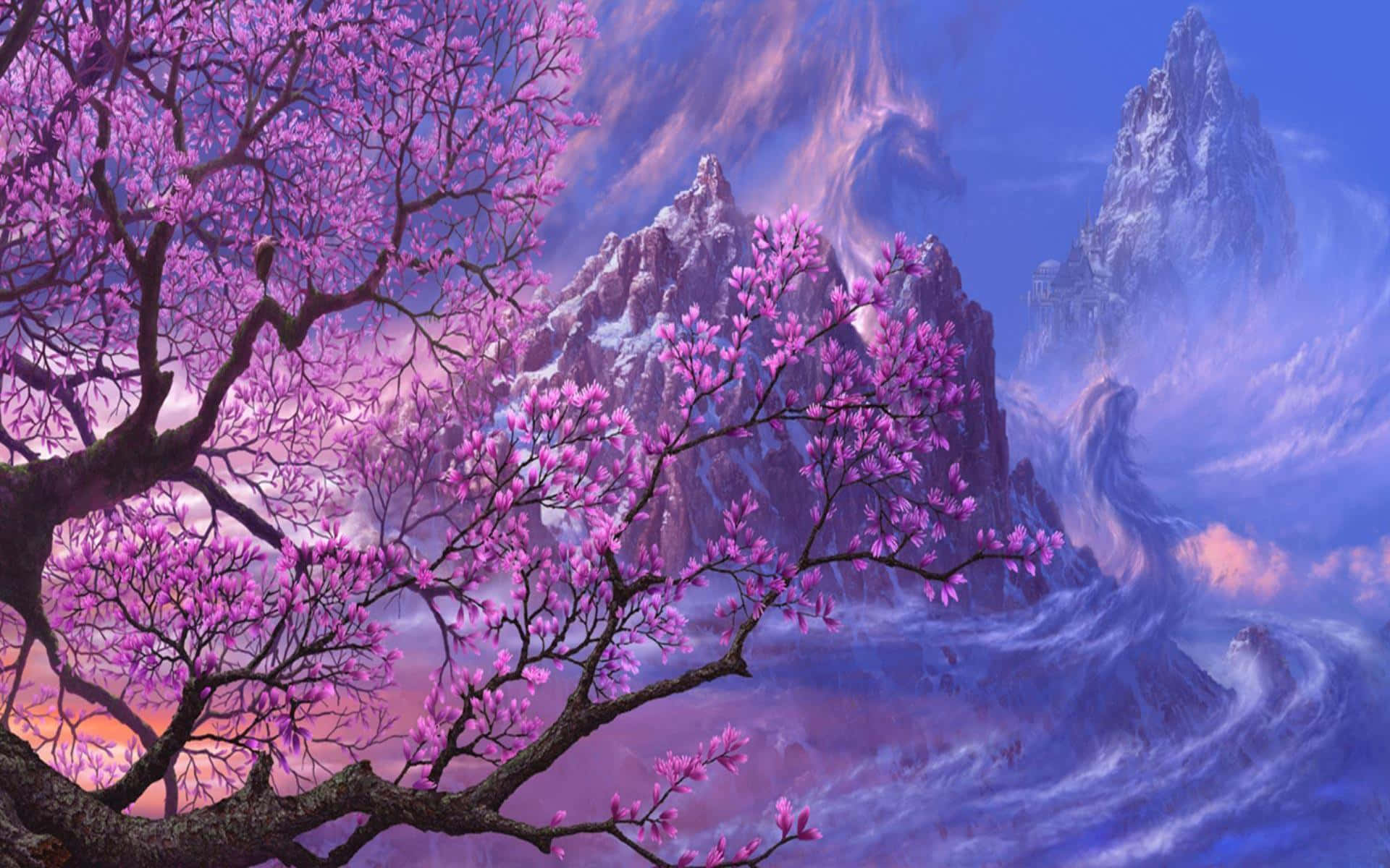 Pink Trees 桌布 壁紙 — 充滿活力的紫色櫻花框住了夢幻暮色天空下鋸齒狀的雪山。