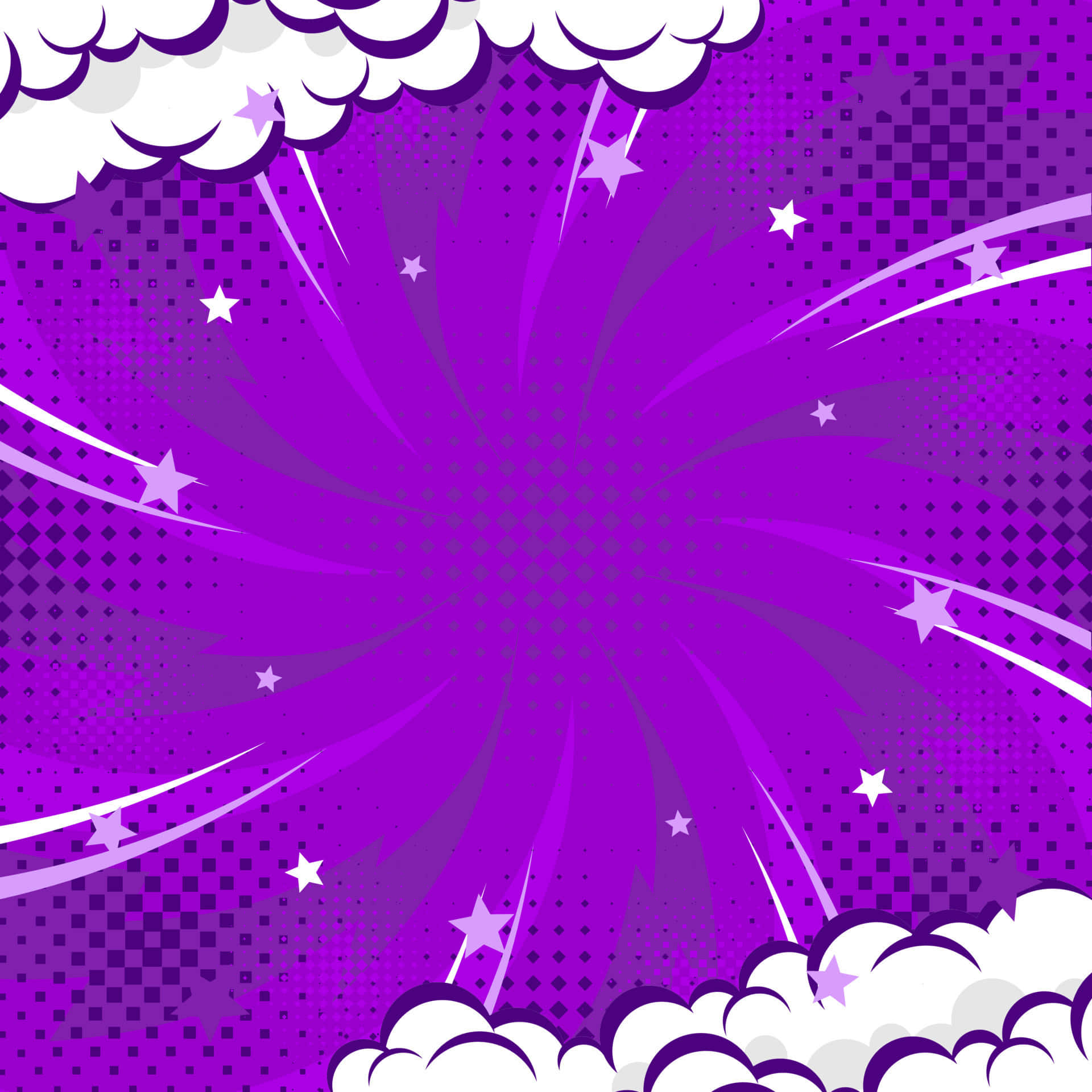普普藝術動圖 桌布 壁紙 — 充滿活力的紫色漫畫爆炸，白色星星和雲朵在網點圖案背景上向外輻射。