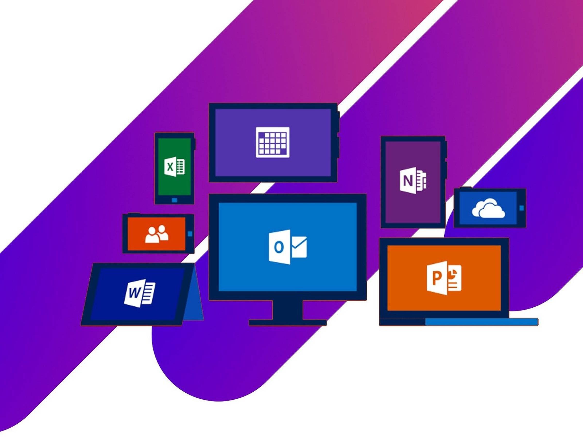 Office 365 桌布 壁紙 — 充滿活力的紫色漸變背景，帶有浮動的數位裝置，顯示 Microsoft Office 應用程式圖示。