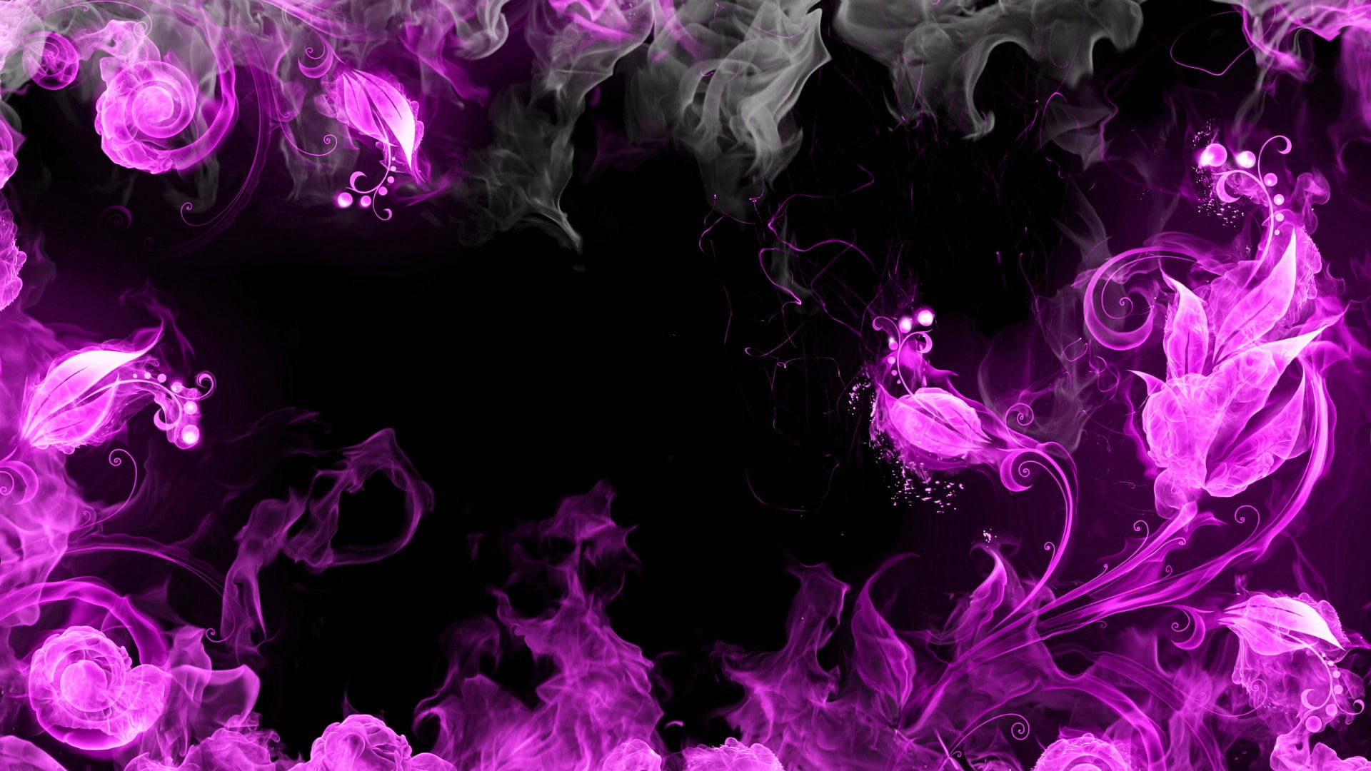 Violet Aesthetic 桌布 壁紙 — 充滿活力的紫色煙霧漩渦在純黑色背景上形成華麗的花卉圖案，營造出神秘的邊框效果。
