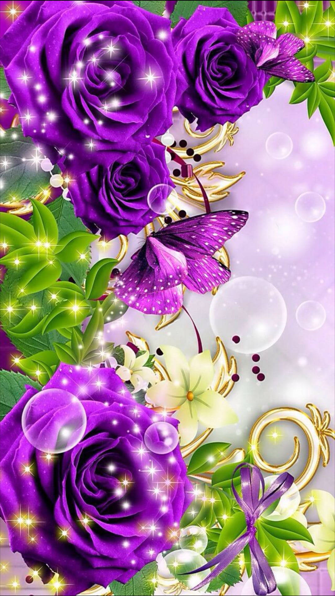 purple butterfly phone 桌布 壁紙 — 充滿活力的紫色玫瑰和蝴蝶在柔和的薰衣草背景上閃爍著光芒，背景點綴著金色漩渦和綠葉。