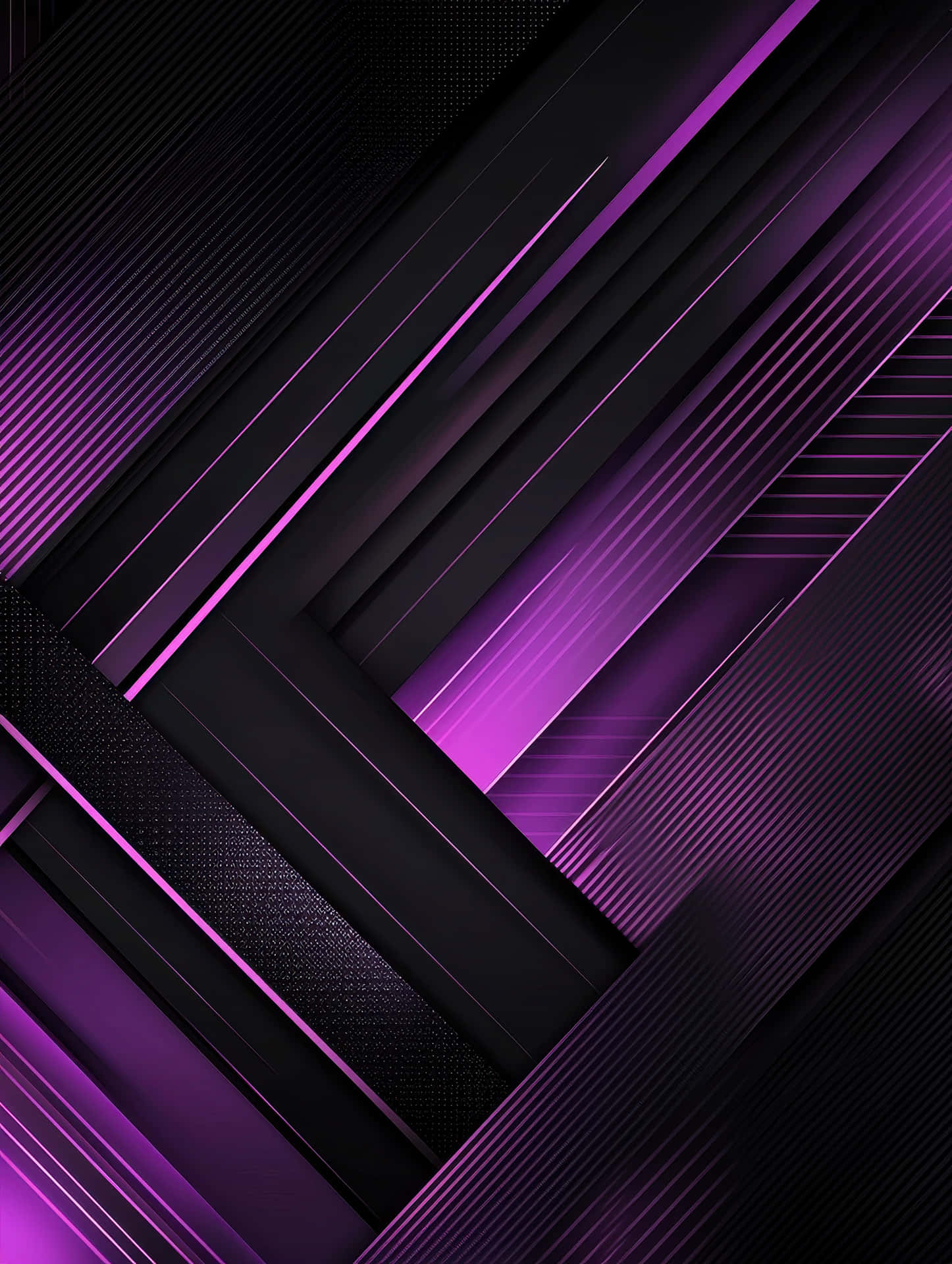 Abstract Geometric Design with Purple and Black Lines - Futuristic 壁紙 — 充滿活力的紫色發光線條與消光黑色幾何面板在動態的對角線構圖中相交。