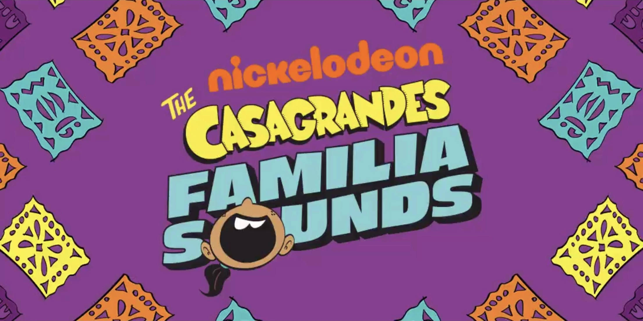 The Casagrandes 桌布 壁紙 — 充滿活力的紫色背景，帶有彩色 papel picado 圖案和粗體卡通標題文字「The Casagrandes Familia Sounds」。