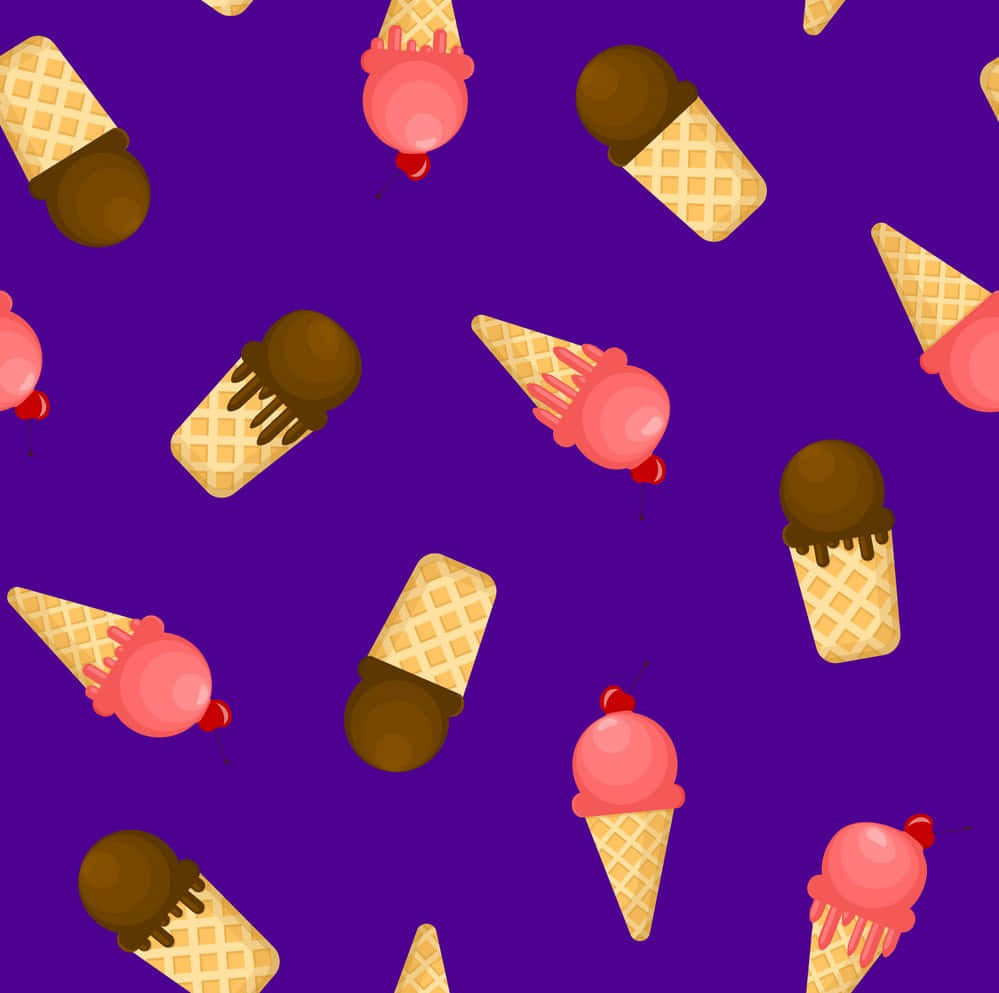 Cute Purple Aesthetic 桌布 壁紙 — 充滿活力的紫色背景，散落著粉紅色和巧克力冰淇淋甜筒，上面放有櫻桃。