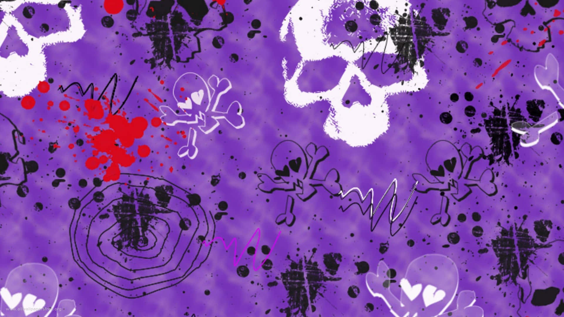 Aesthetic Halloween 桌布 壁紙 — 充滿活力的紫色背景，濺滿黑色、紅色和白色的骷髏、骨頭和混亂的墨跡。