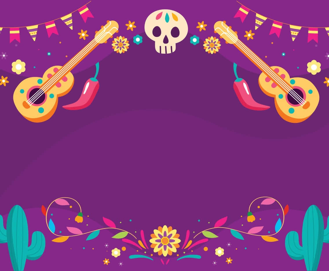 Happy Cinco De Mayo 桌布 壁紙 — 充滿活力的紫色背景，飾以色彩繽紛的吉他、辣椒、骷髏頭和仙人掌，營造節日墨西哥慶祝氣氛。