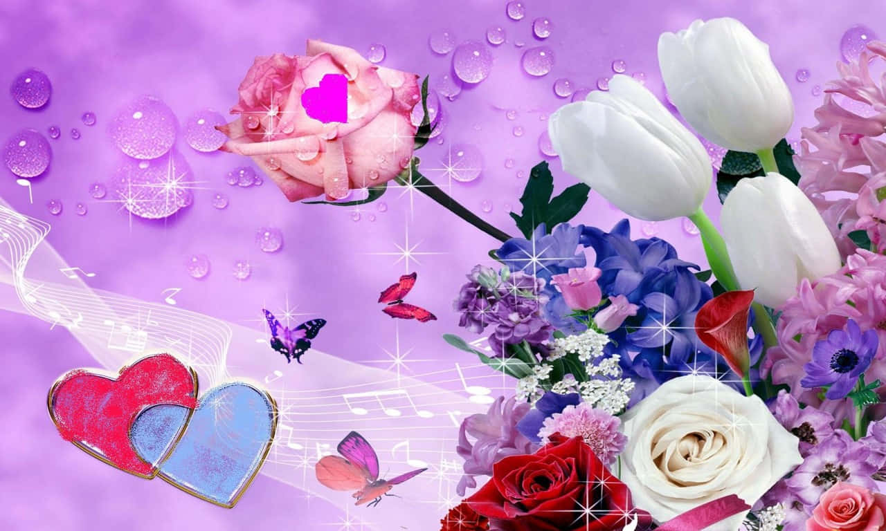 1280x768 Rose 桌布 壁紙 — 充滿活力的紫色背景，飾有玫瑰、鬱金香和蝴蝶，閃爍著閃閃發光的水滴和音符。