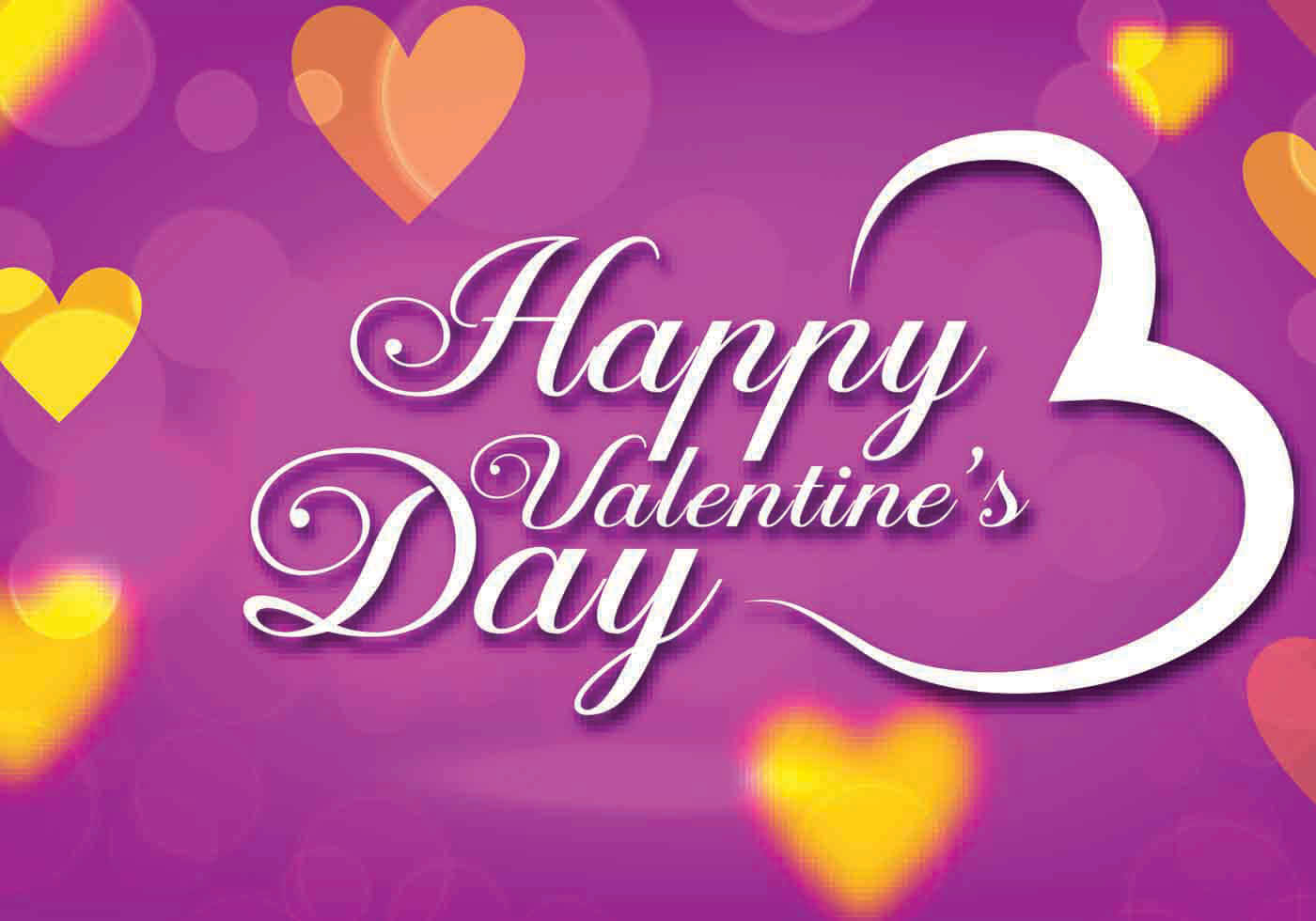 happy valentine's day 桌布 壁紙 — 充滿活力的紫色背景，飾有發光的愛心和優雅的白色草書文字，寫著 Happy Valentine's Day。