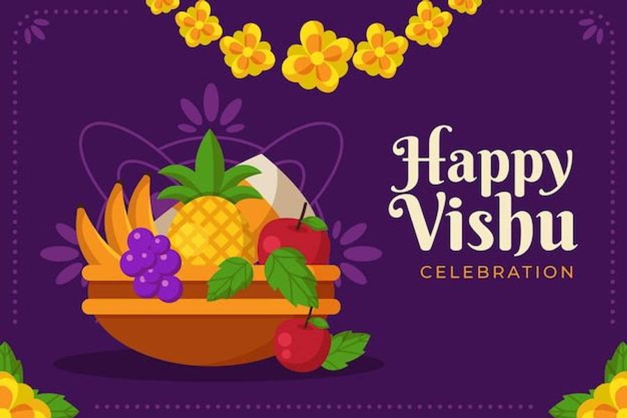 Vishu 桌布 壁紙 — 充滿活力的紫色背景上，一個木碗盛滿了色彩繽紛的水果，如鳳梨、葡萄和蘋果，飾以黃色花環和文字 Happy Vishu Celebration。