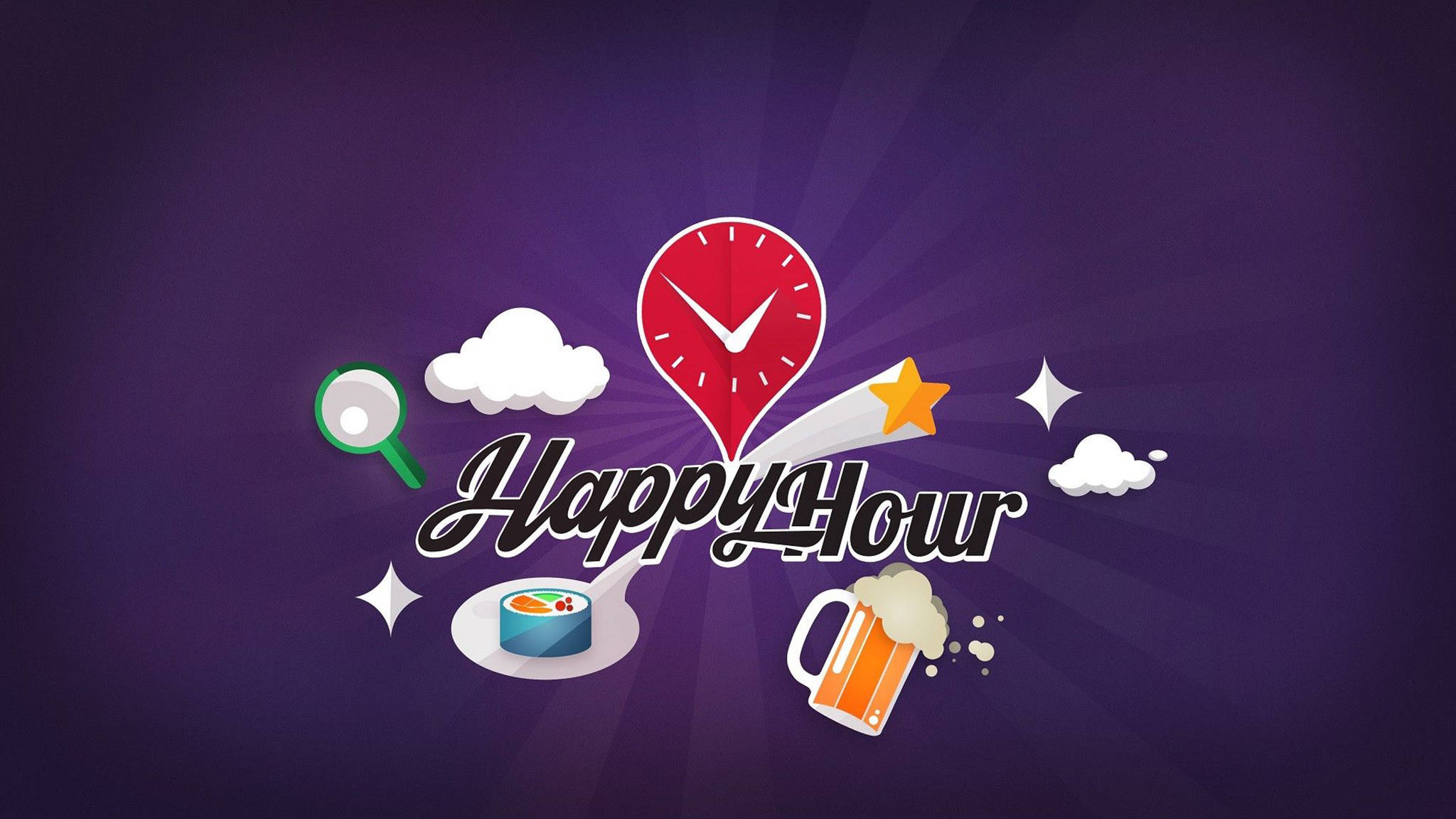 Hour 桌布 壁紙 — 充滿活力的紫色背景上有一個紅色時鐘心形，帶有「Happy Hour」文字，周圍環繞著啤酒杯、壽司盤、放大鏡、雲朵和星星。