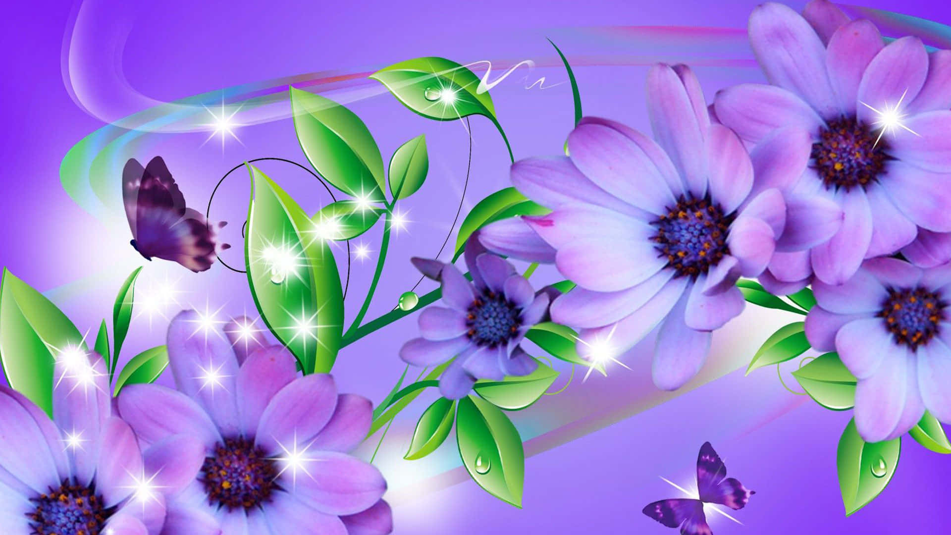 1920 X 1080 Flower 桌布 壁紙 — 充滿活力的紫色花朵、綠色葉子和蝴蝶在夢幻般的紫色背景上閃爍著閃爍的光芒。