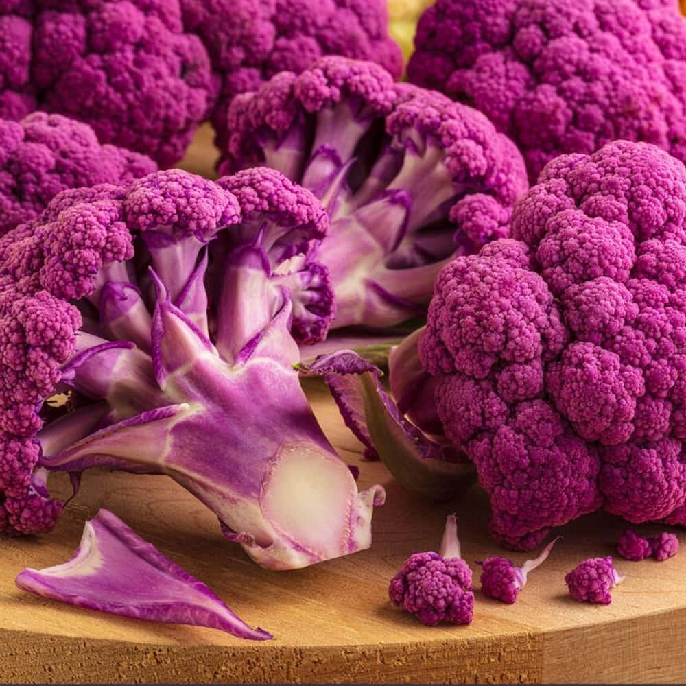 Purple Cauliflower 桌布 壁紙 — 充滿活力的紫色花椰菜頭，帶有複雜的小花，放在溫暖的木砧板上。