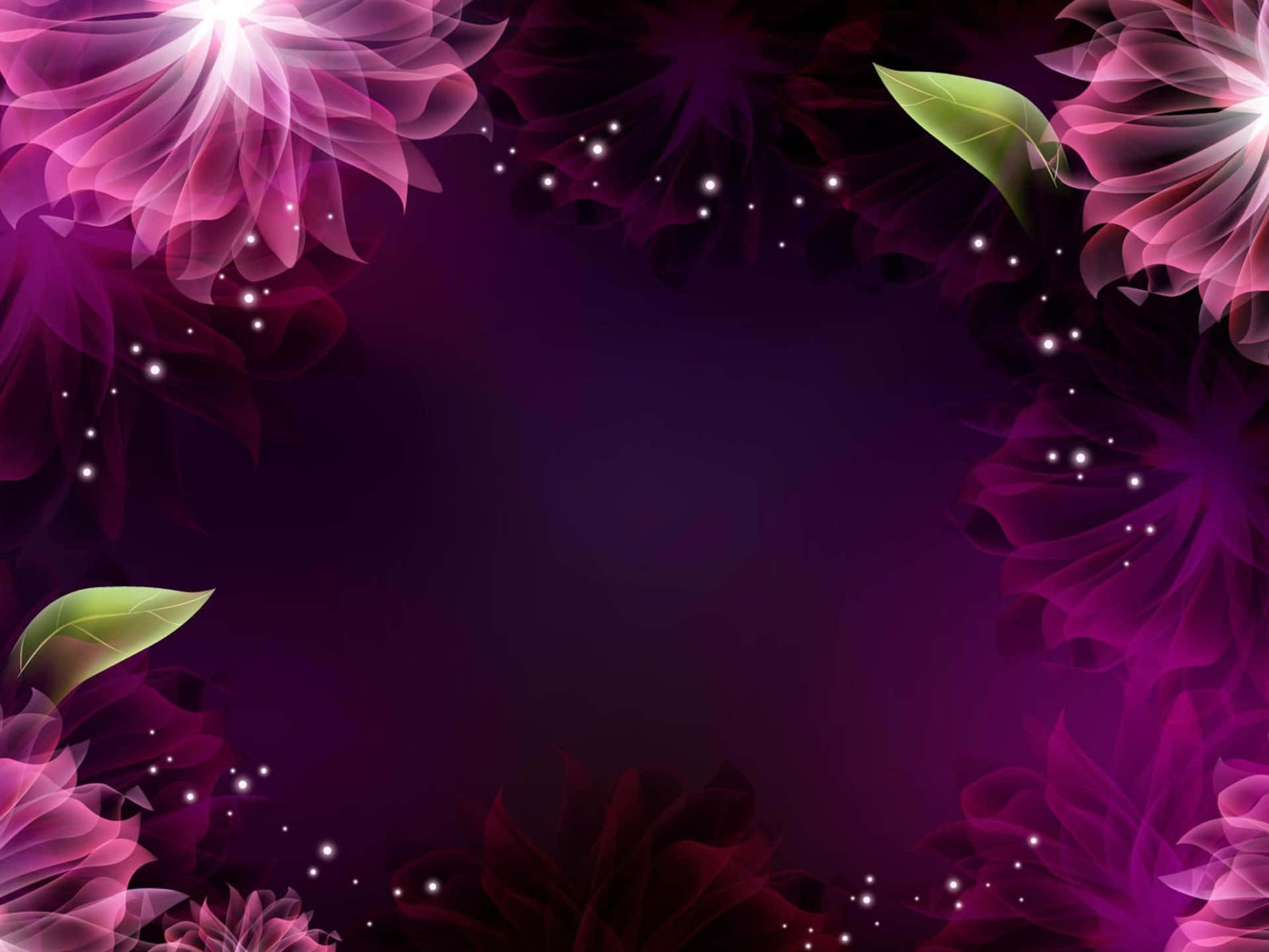 Flowers 桌布 壁紙 — 充滿活力的紫色花瓣帶有發光的中心，襯以綠葉和閃爍的粒子，圍繞著一個黑暗的中心。