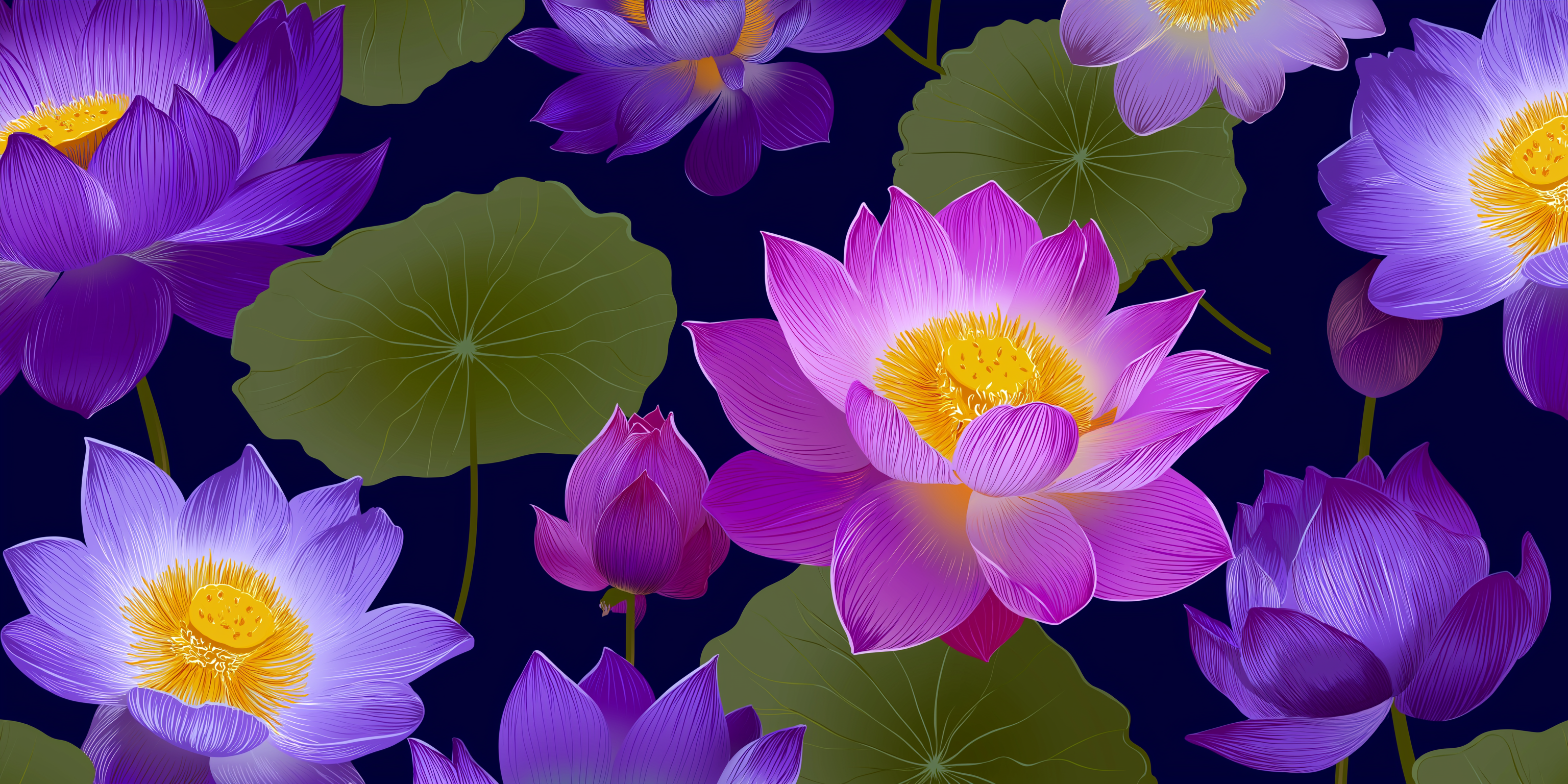 彩色動圖 桌布 壁紙 — 充滿活力的紫色蓮花，金色花心，在深藍色背景上，於綠色荷葉間盛開。