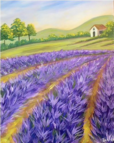 English Lavender 桌布 壁紙 — 充滿活力的紫色薰衣草行向著一座坐落在連綿起伏的綠色山丘中的白色房子延伸，在柔和的藍天下。