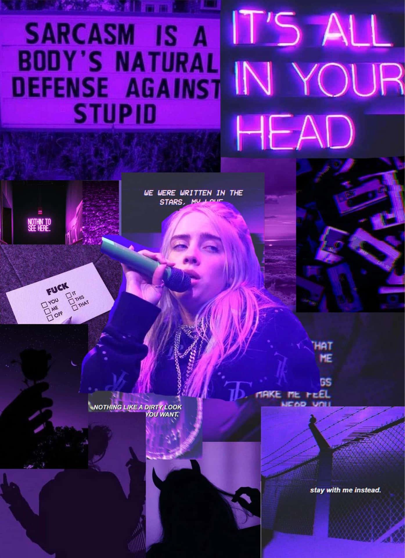紫色調拼貼畫，Billie Eilish 唱歌，配有霓虹燈牌和文字語錄。 — 紫色美學 壁紙