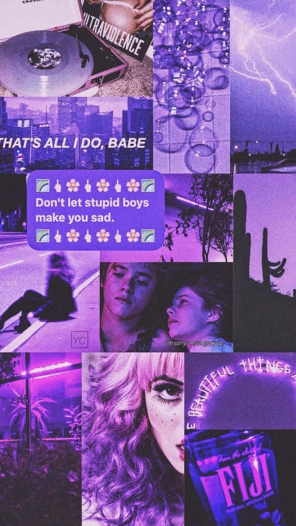 Melanie Martinez Aesthetic 桌布 壁紙 — 充滿活力的紫色調拼貼畫，包含專輯封面、歌詞、仙人掌和女性臉部特寫。