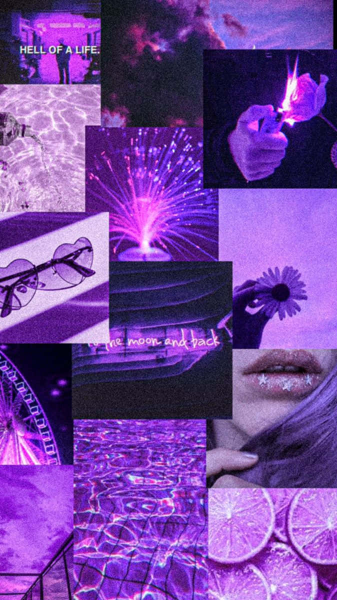 Aesthetic Purple 桌布 壁紙 — 充滿活力的紫色調拼貼畫，包含超現實和陰鬱的圖像，包括煙火、嘴唇、柑橘類水果和文字疊加。