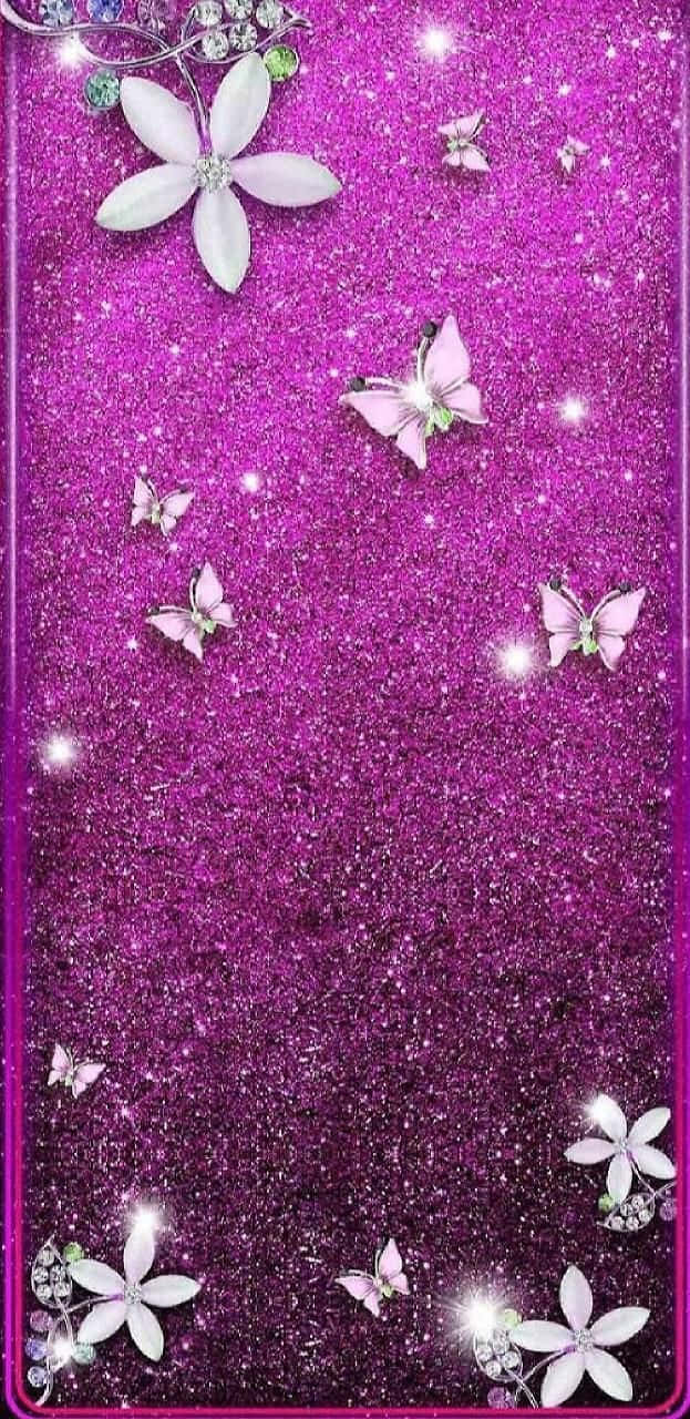 Pink Glitter Butterfly 桌布 壁紙 — 充滿活力的紫色閃粉背景，飾以閃爍的白色花朵和精緻的蝴蝶。