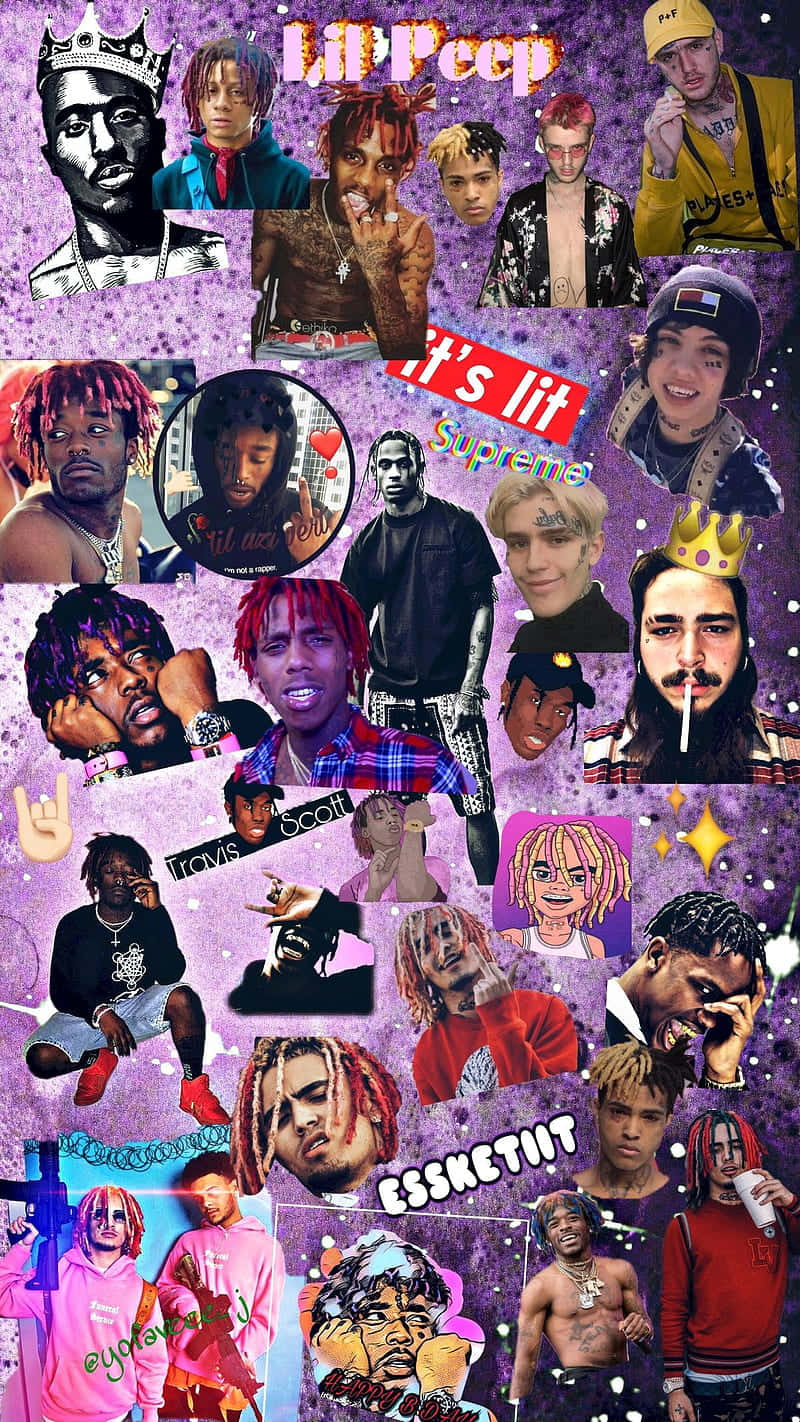 Rapper Collage 桌布 壁紙 — 充滿活力的紫色閃粉背景拼貼畫， featuring Lil Peep 及其他饒舌歌手，配有粗體文字和皇冠表情符號。