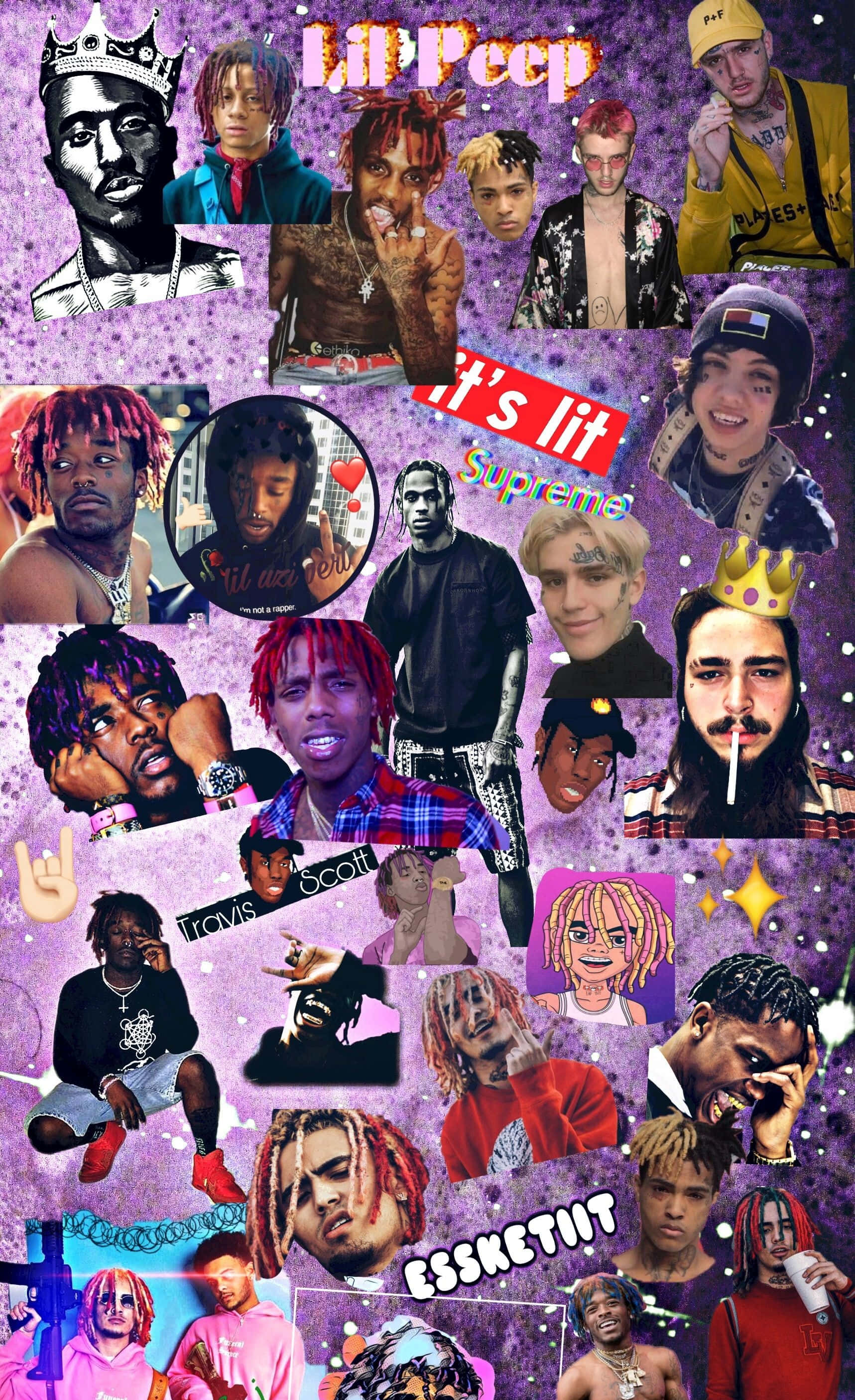 Aesthetic Rapper 桌布 壁紙 — 充滿活力的紫色閃粉背景拼貼畫，包含 Lil Peep Travis Scott 等嘻哈藝術家，配有粗體文字和皇冠表情符號。