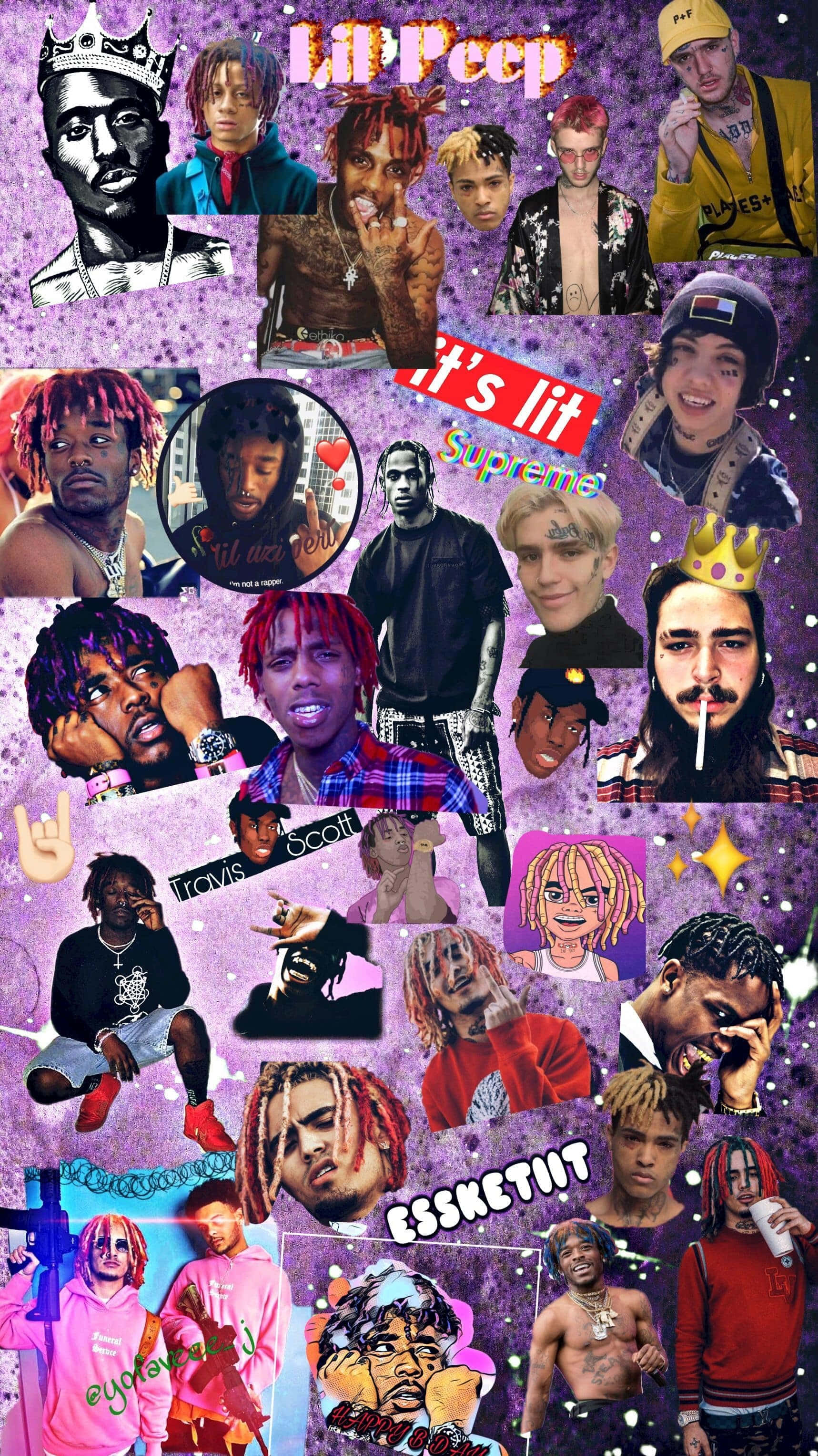Hip Hop Rappers 桌布 壁紙 — 充滿活力的紫色閃粉背景拼貼畫，展示嘻哈藝術家，配有粗體文字和皇冠表情符號。