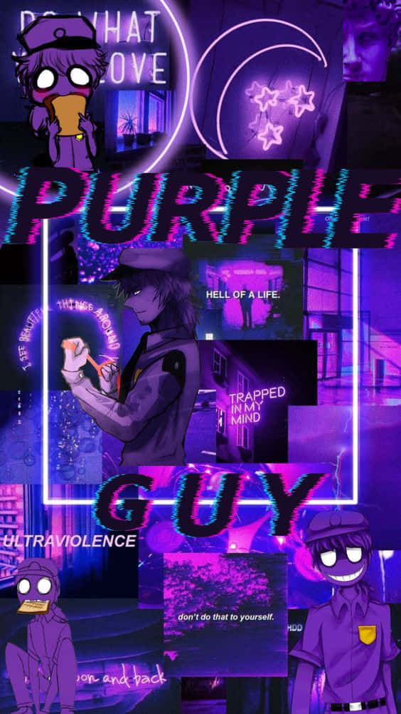 William Afton 桌布 壁紙 — 充滿活力的紫色霓虹拼貼，以動漫角色和故障文字為特色，呈現混亂的數位美學。