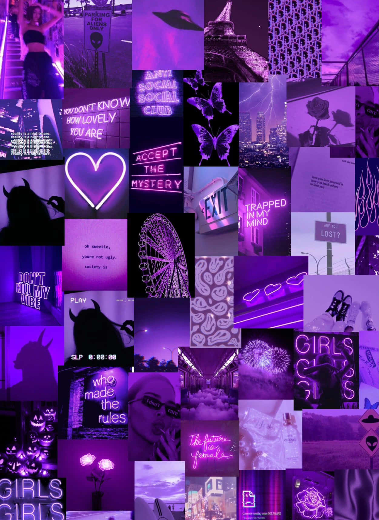 Aesthetic Purple 桌布 壁紙 — 充滿活力的紫色霓虹拼貼畫，以城市場景、語錄和符號（如心形、蝴蝶和玫瑰）為特色，營造出憂鬱的美感。