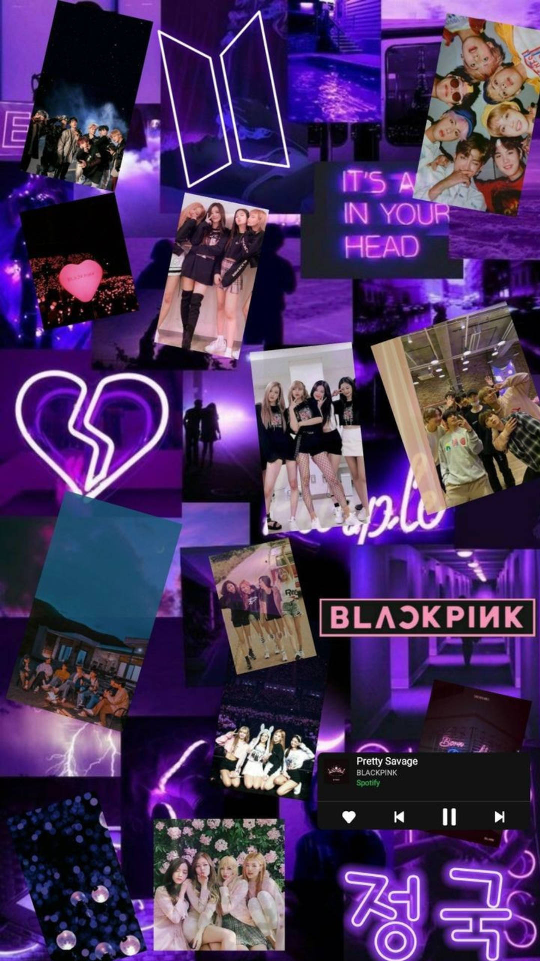 BTS 和 BLACKPINK 桌布 壁紙 — 充滿活力的紫色霓虹拼貼畫，包含BTS和BLACKPINK的照片、心形符號和音樂播放器界面。