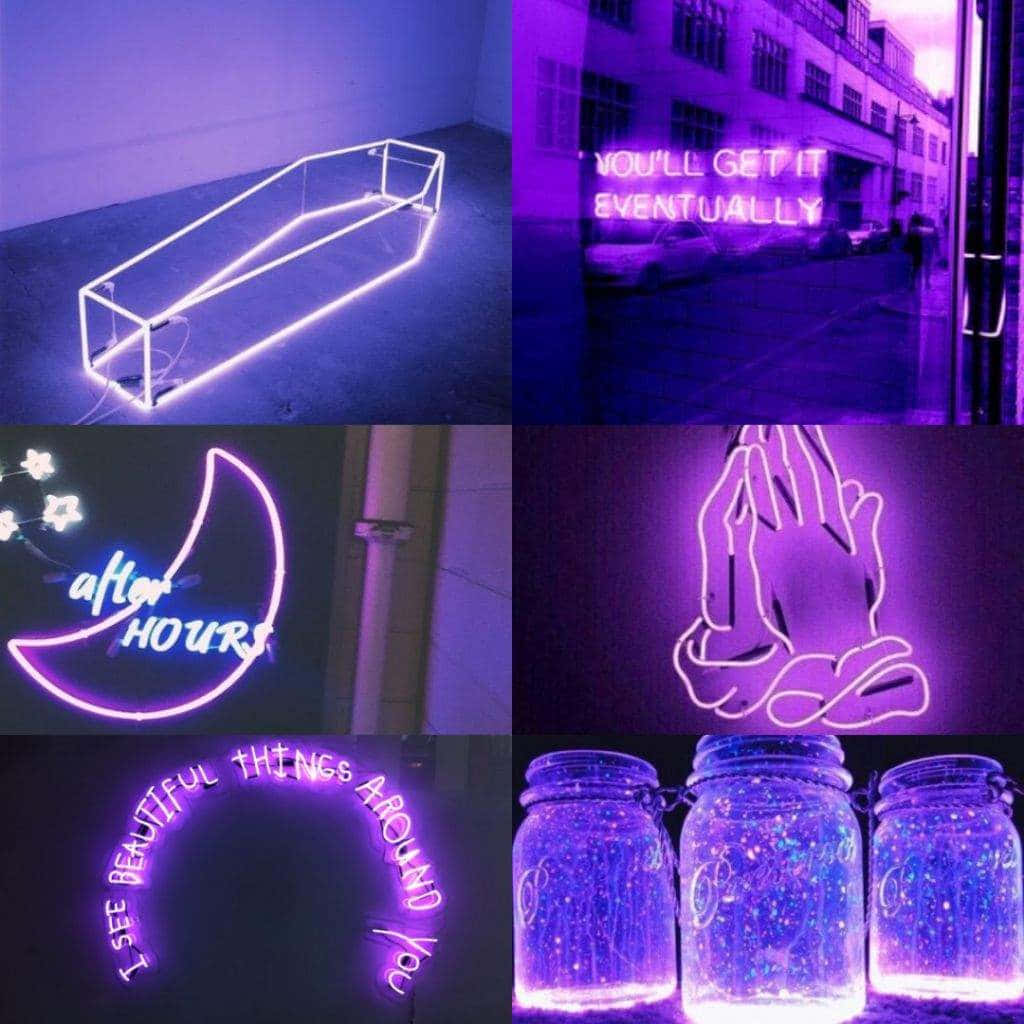 Violet Aesthetic 桌布 壁紙 — 充滿活力的紫色霓虹燈在一個拼貼畫中發光，其中包括棺材、月亮、手和裝有閃爍星星的罐子。