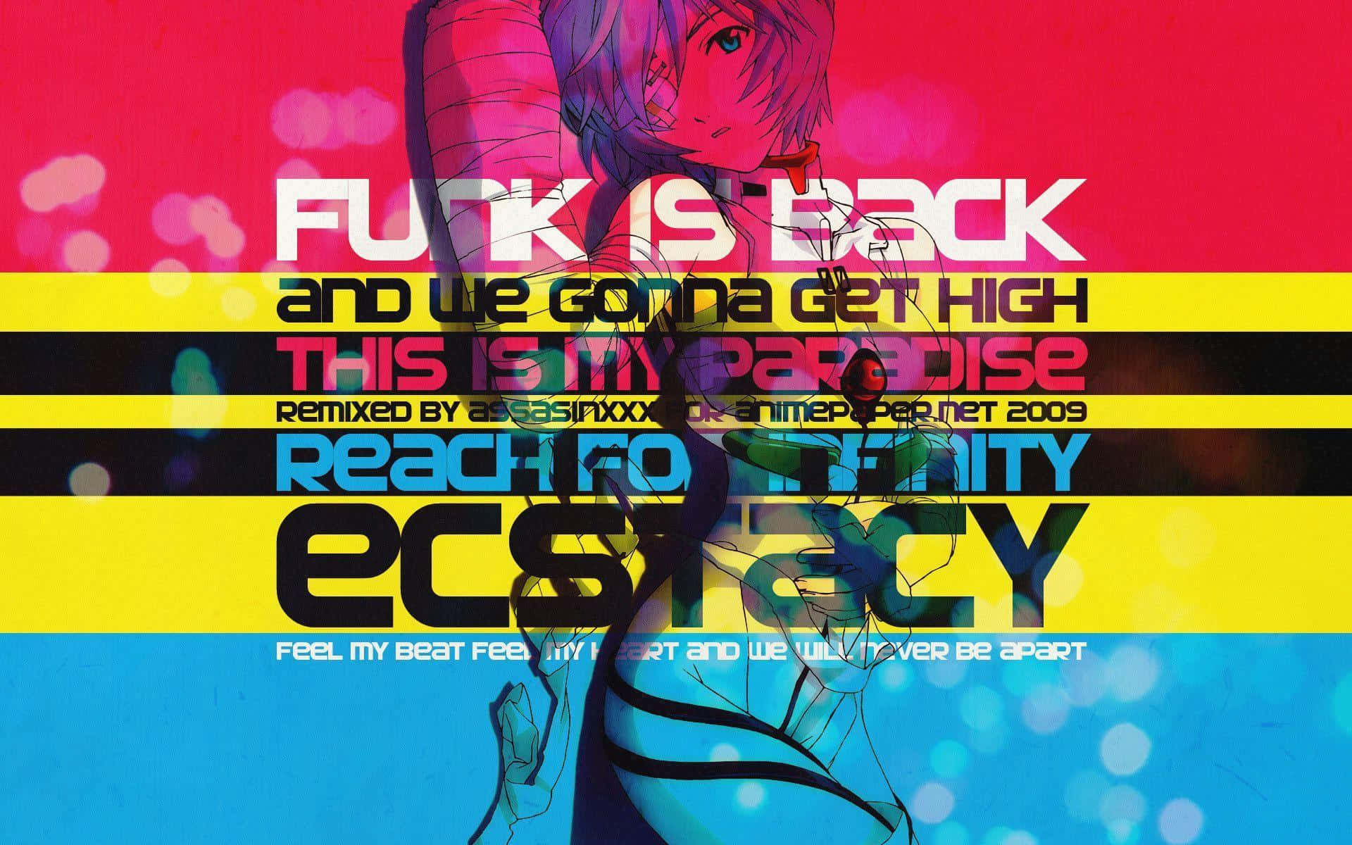 Funk 桌布 壁紙 — 充滿活力的紫髮動漫女孩站在大膽的紅、黃、藍漸變背景前，背景上覆蓋著風格化的文字。