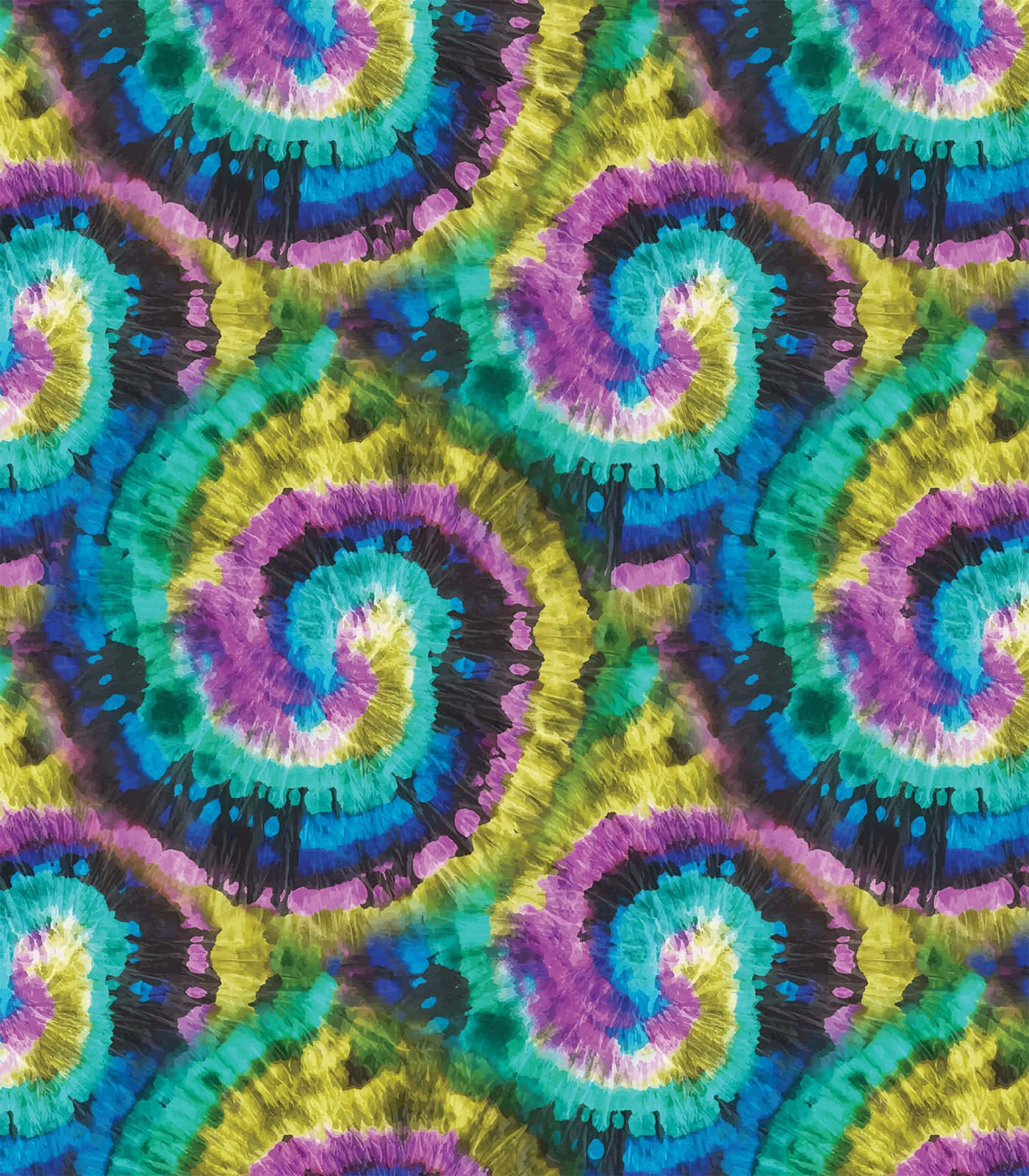 Purple Tie Dye 桌布 壁紙 — 充滿活力的紮染漩渦，採用電光藍、紫色和黃色，營造出迷幻的重複圖案，並帶有粗獷的黑色輪廓。